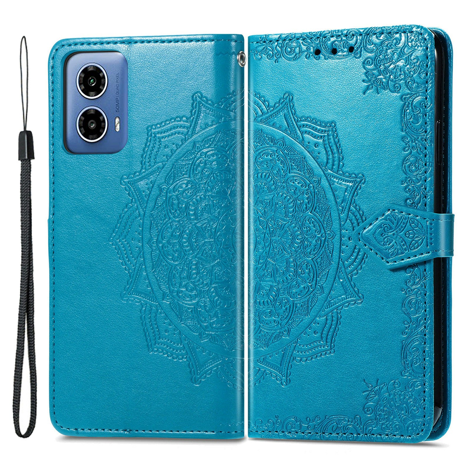 For Motorola Moto G34 5G Cell Phone Cover Emboss Mandala Flower PU Leather Wallet Case - Blue
