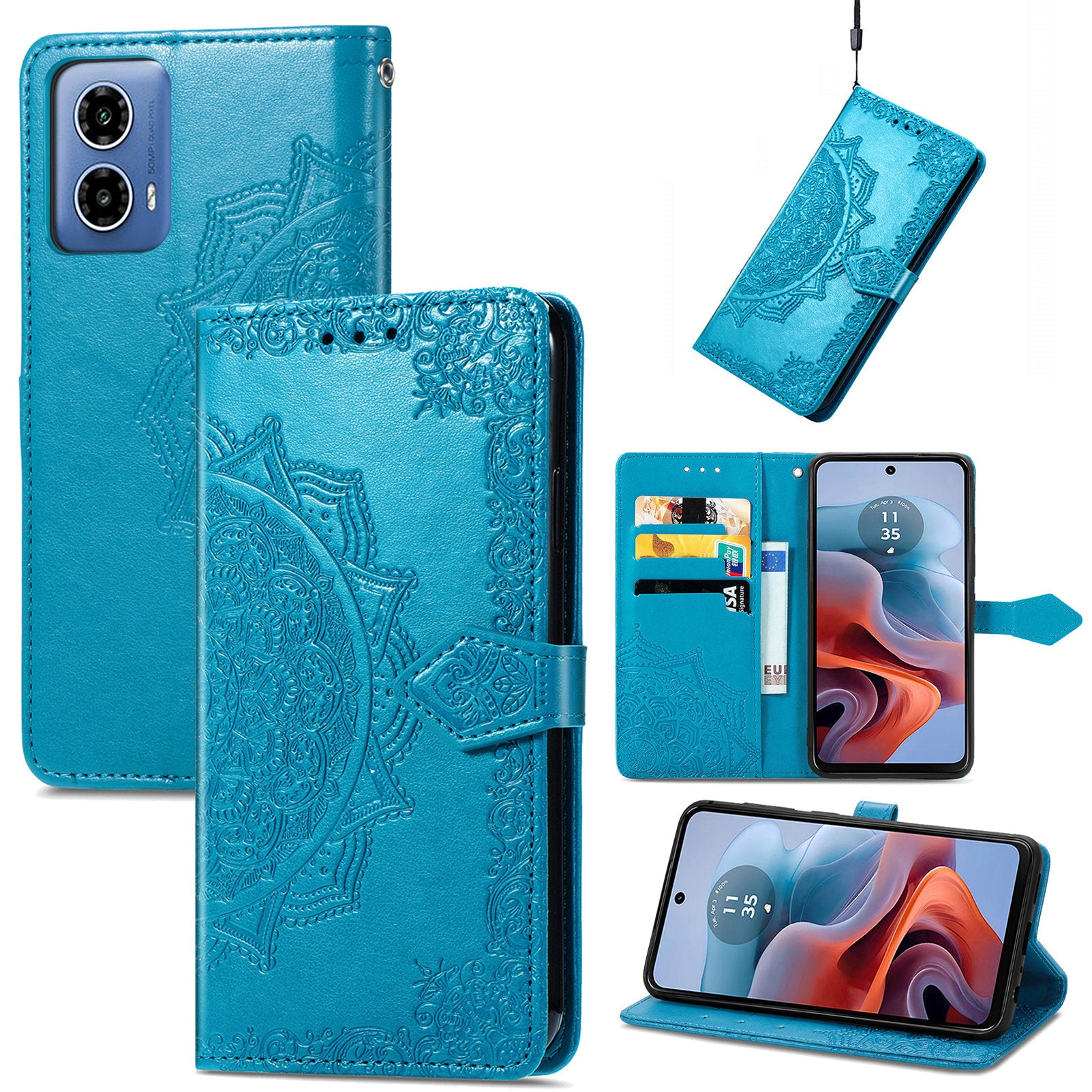 For Motorola Moto G34 5G Cell Phone Cover Emboss Mandala Flower PU Leather Wallet Case - Blue