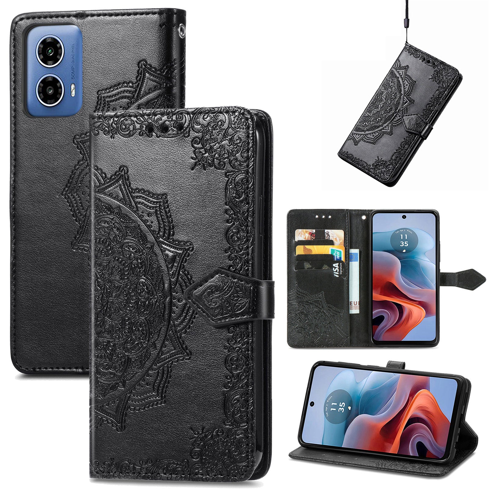 For Motorola Moto G34 5G Cell Phone Cover Emboss Mandala Flower PU Leather Wallet Case - Black