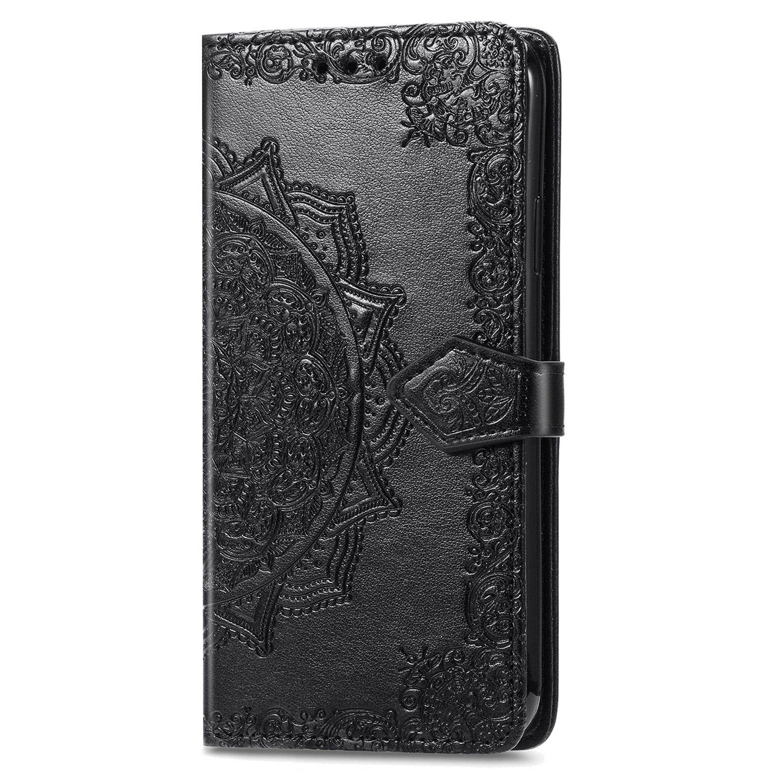 For Motorola Moto G34 5G Cell Phone Cover Emboss Mandala Flower PU Leather Wallet Case - Black