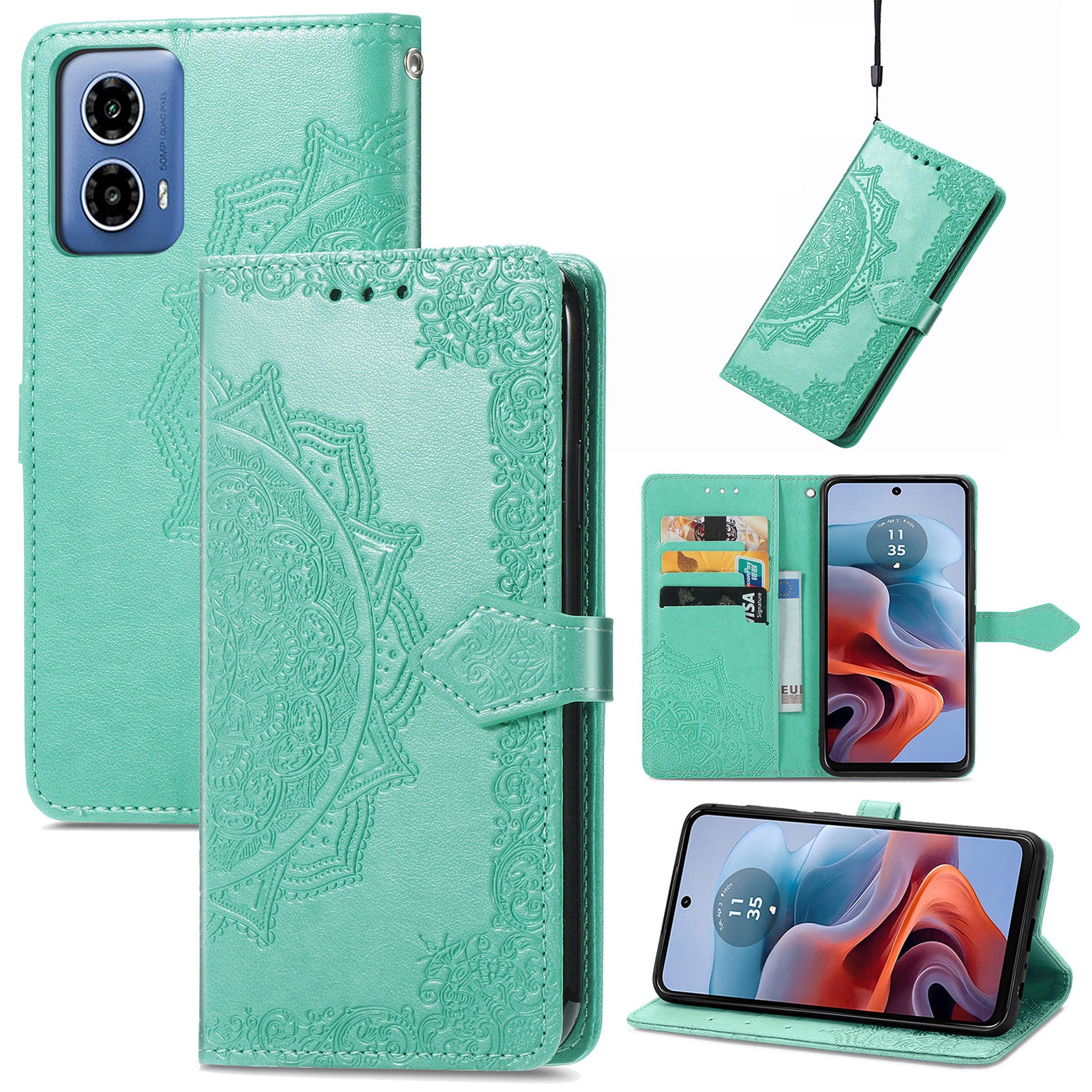For Motorola Moto G34 5G Cell Phone Cover Emboss Mandala Flower PU Leather Wallet Case - Mint Green