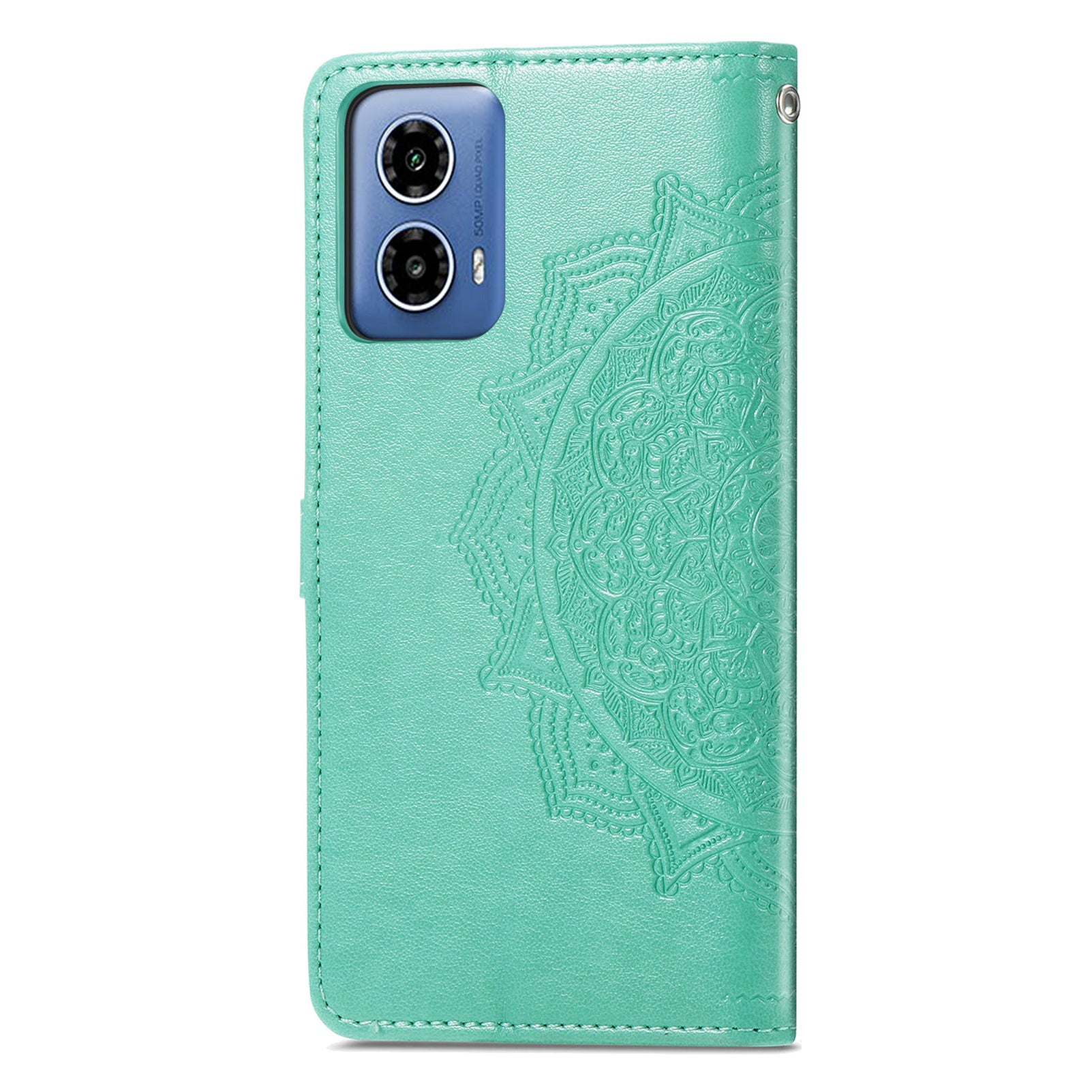For Motorola Moto G34 5G Cell Phone Cover Emboss Mandala Flower PU Leather Wallet Case - Mint Green