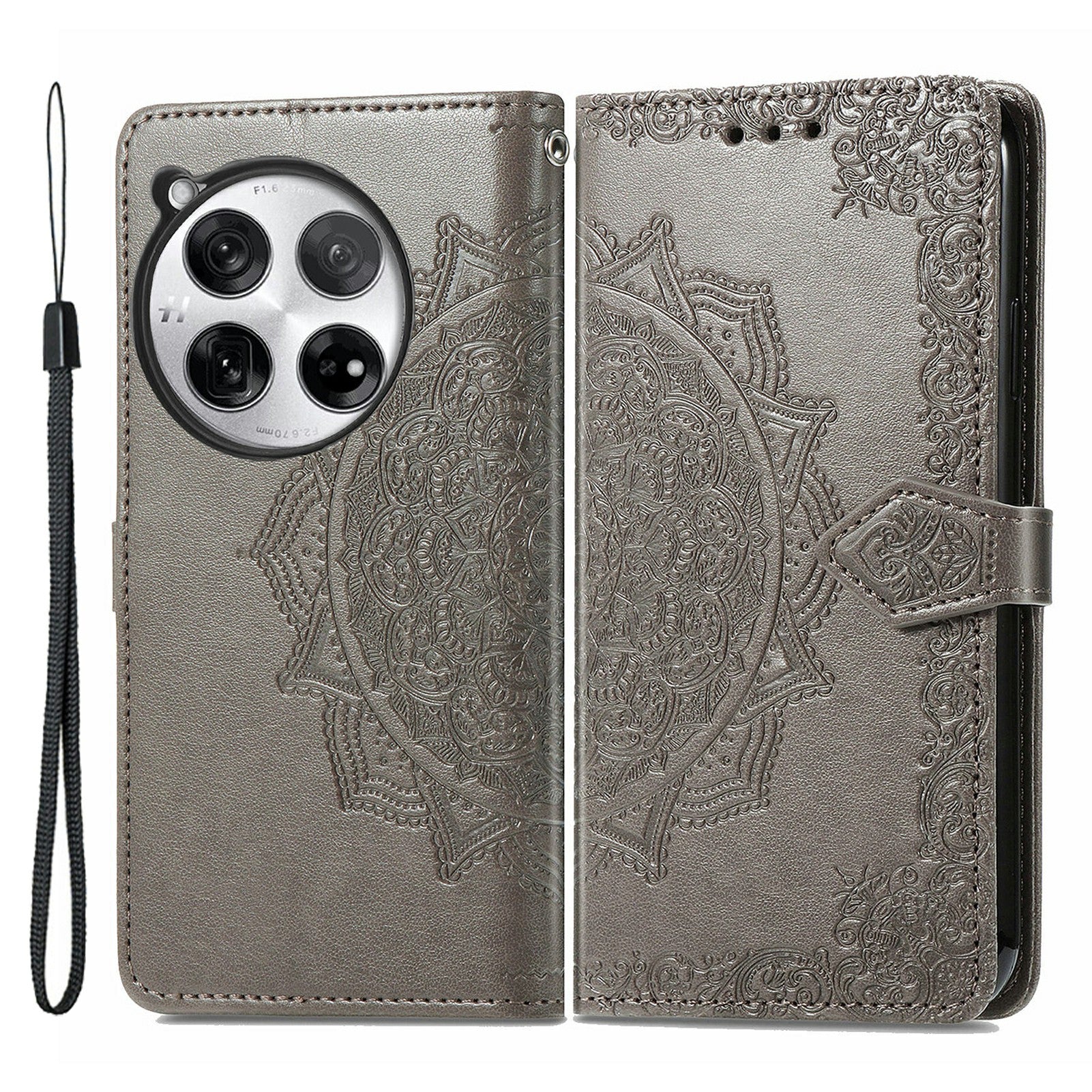 For OnePlus 12 5G Anti-scratch Phone Cover Emboss Mandala Flower Leather Wallet Case - Grey