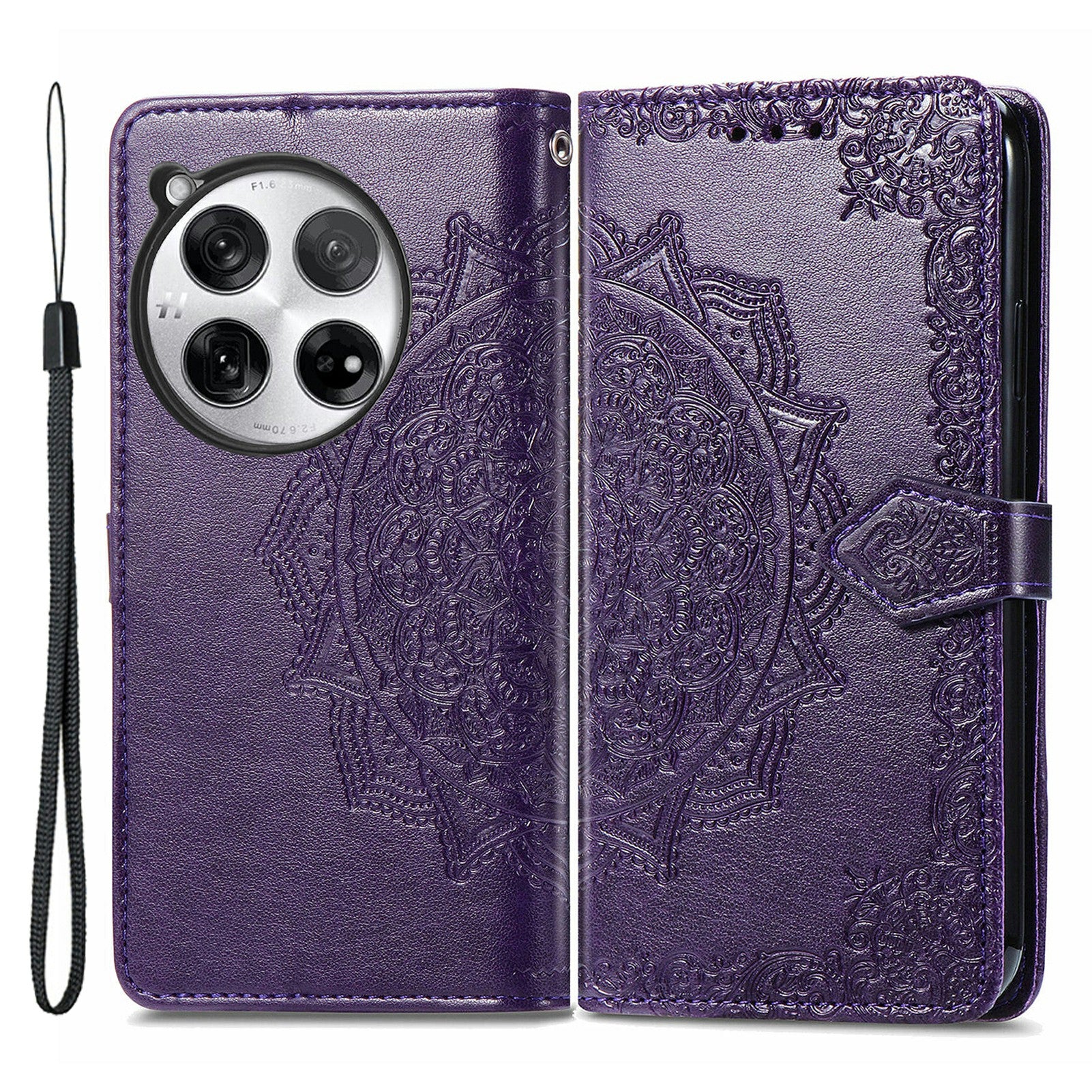 For OnePlus 12 5G Anti-scratch Phone Cover Emboss Mandala Flower Leather Wallet Case - Purple