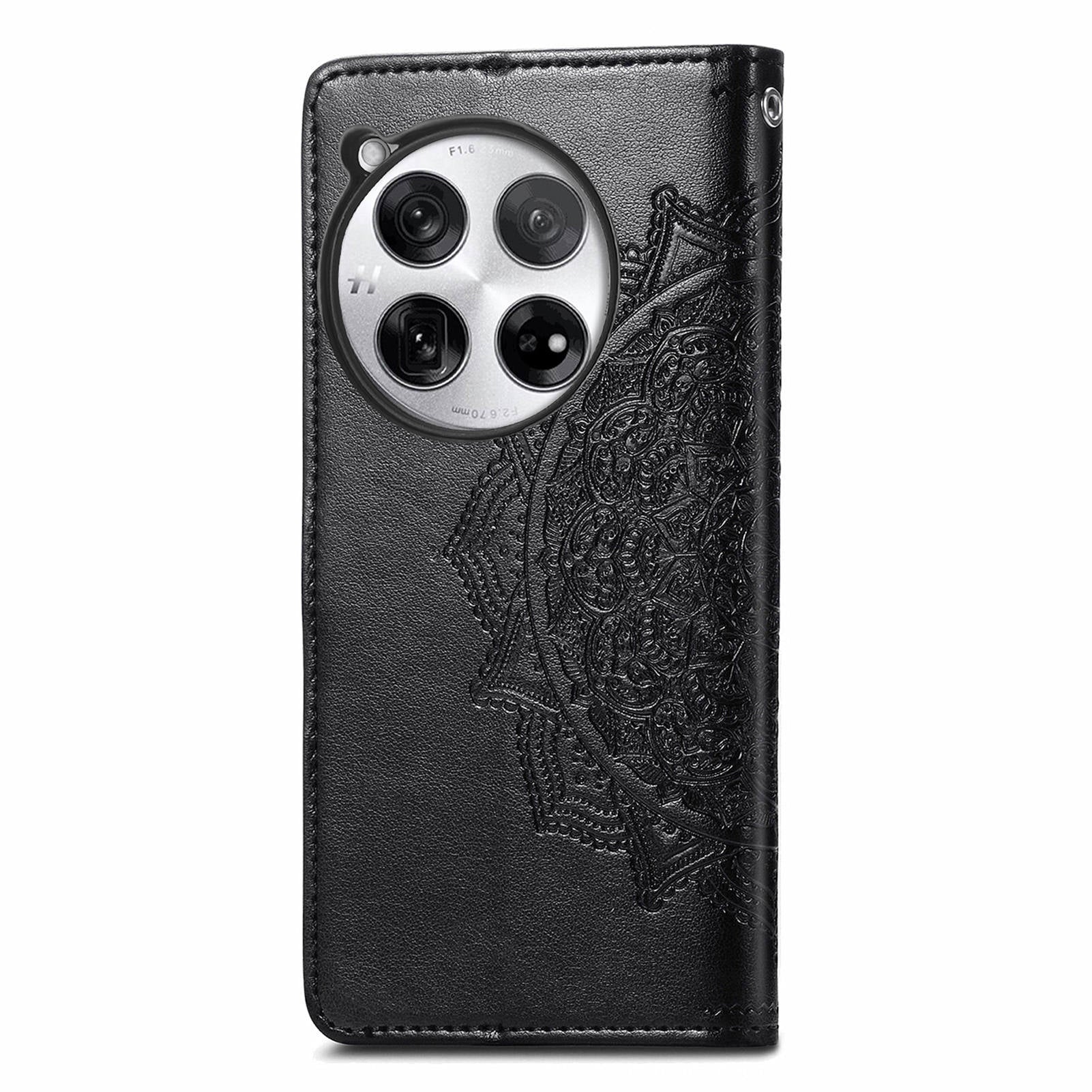 For OnePlus 12 5G Anti-scratch Phone Cover Emboss Mandala Flower Leather Wallet Case - Black