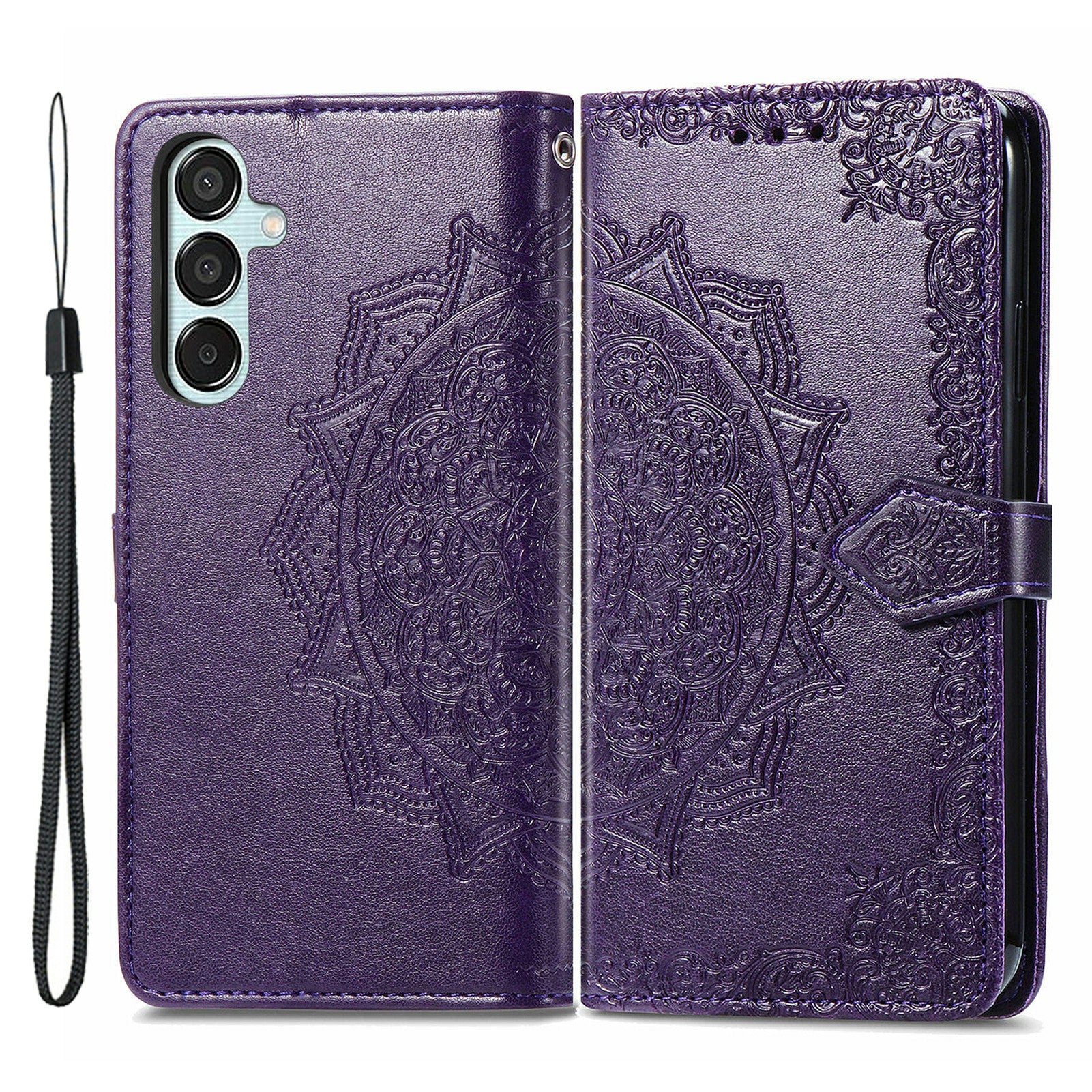 For Samsung Galaxy M15 5G PU Leather Case Shockproof Cell Phone Cover Emboss Mandala Flower Wallet - Purple