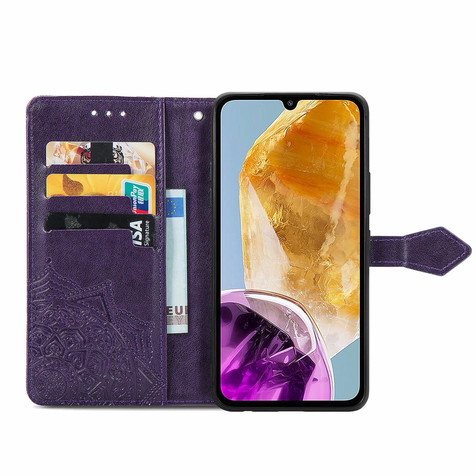 For Samsung Galaxy M15 5G PU Leather Case Shockproof Cell Phone Cover Emboss Mandala Flower Wallet - Purple