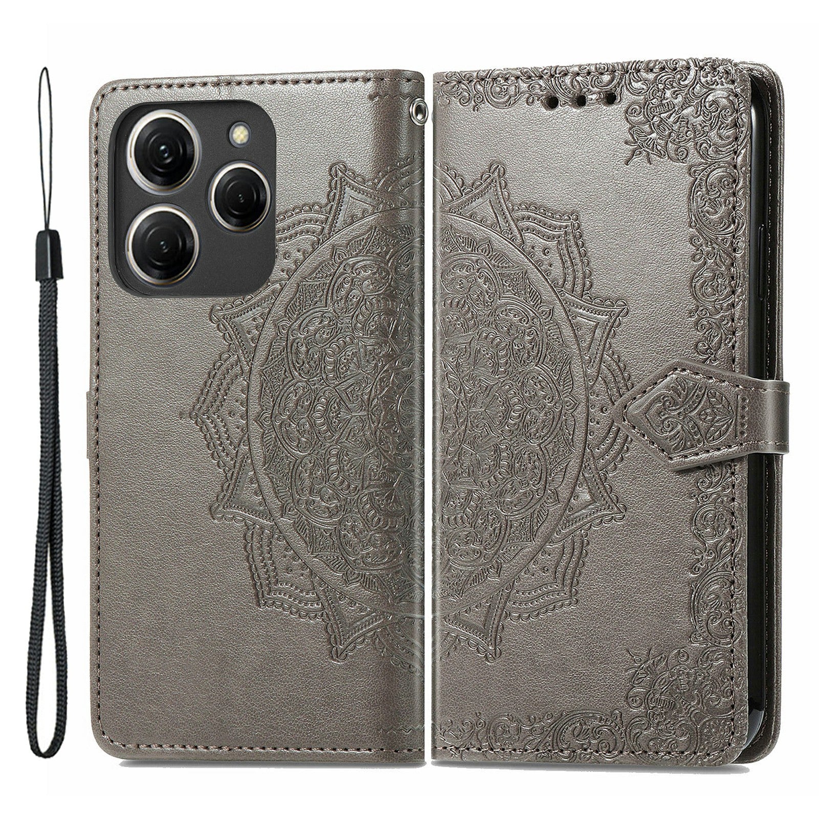 For Transsion Tecno Spark 20 Pro Phone Cover Emboss Mandala Flower Leather Wallet Case - Grey