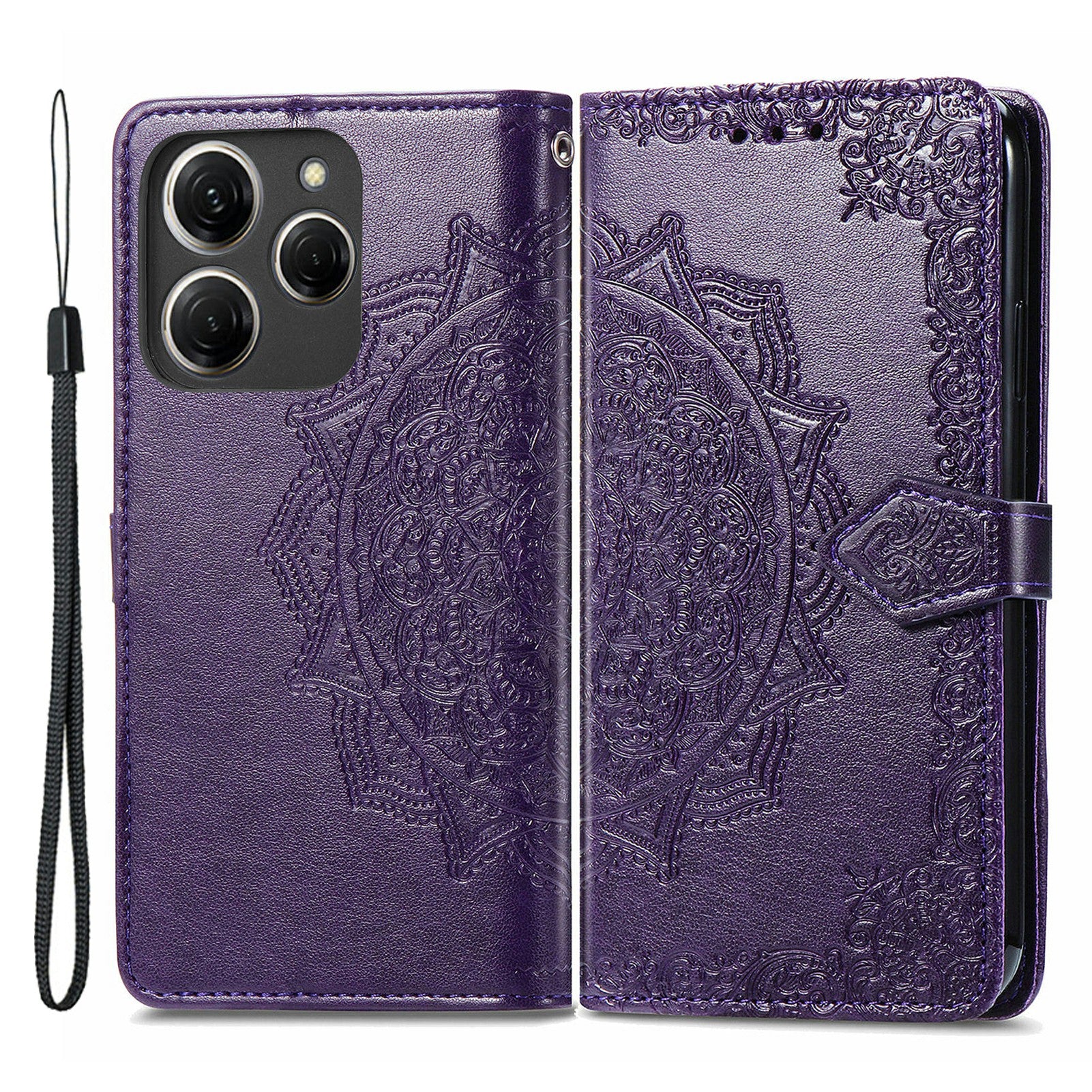 For Transsion Tecno Spark 20 Pro Phone Cover Emboss Mandala Flower Leather Wallet Case - Purple