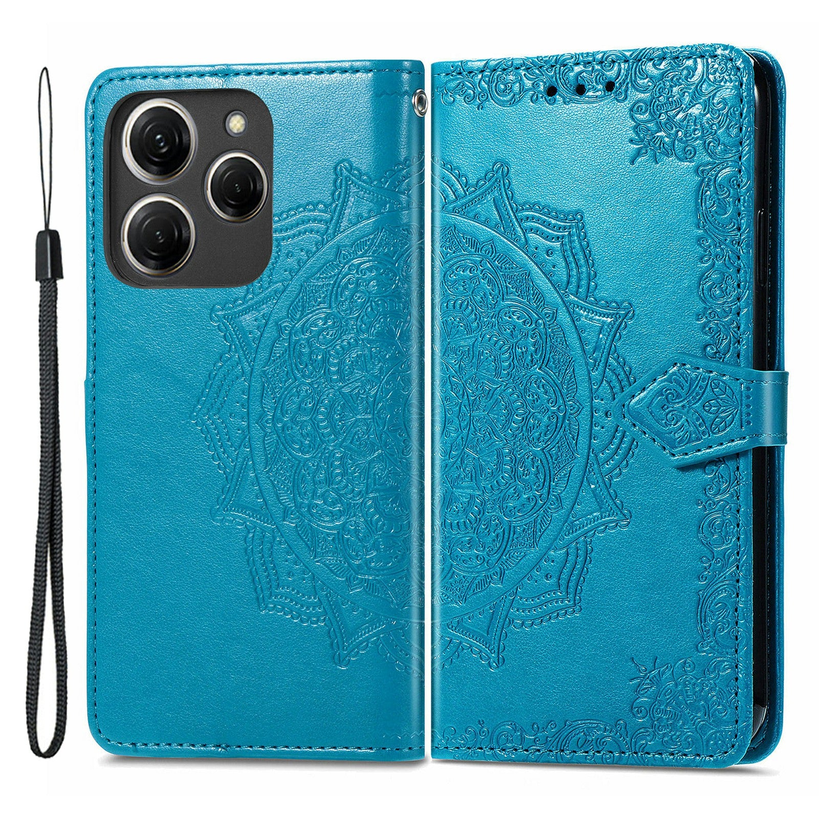 For Transsion Tecno Spark 20 Pro Phone Cover Emboss Mandala Flower Leather Wallet Case - Blue