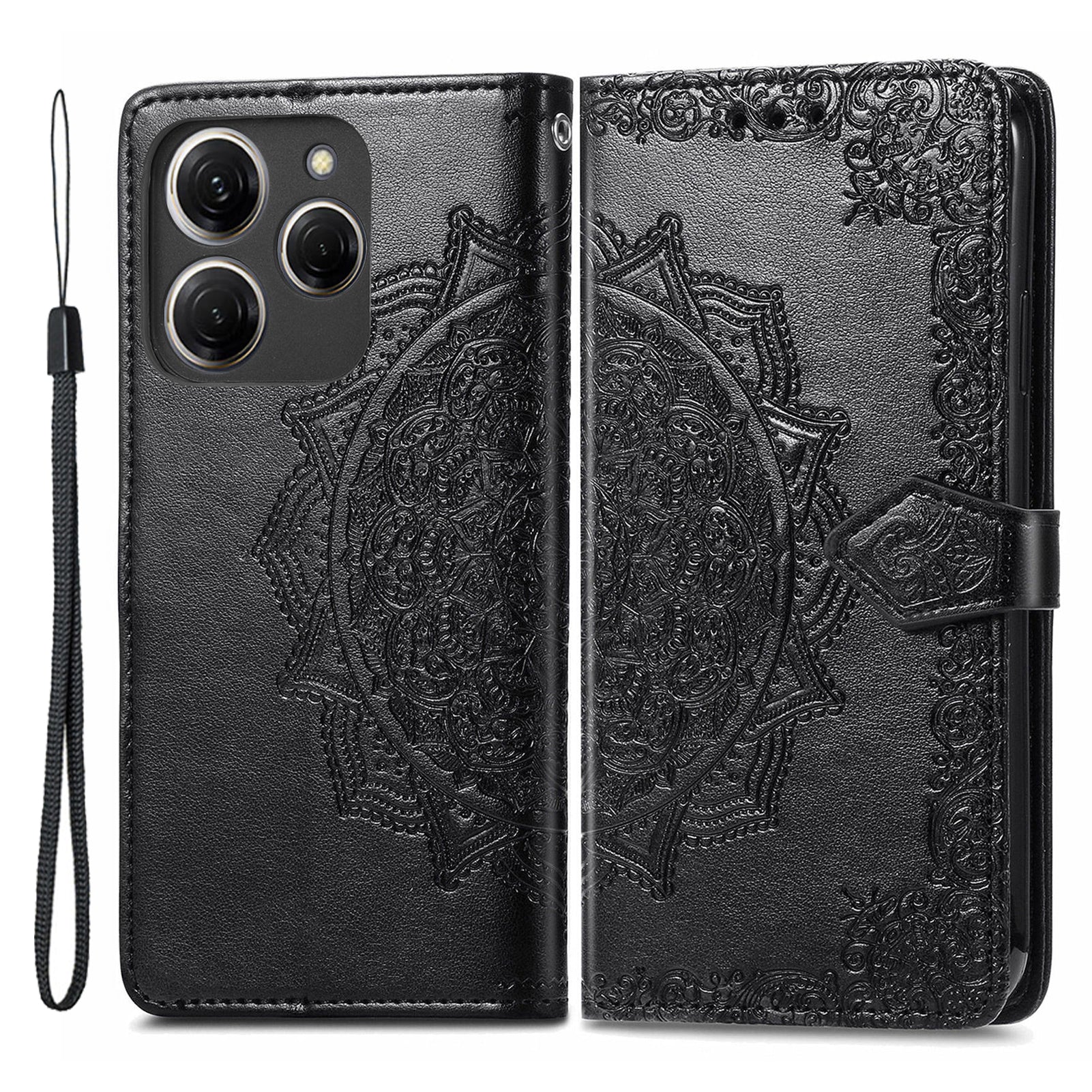 For Transsion Tecno Spark 20 Pro Phone Cover Emboss Mandala Flower Leather Wallet Case - Black