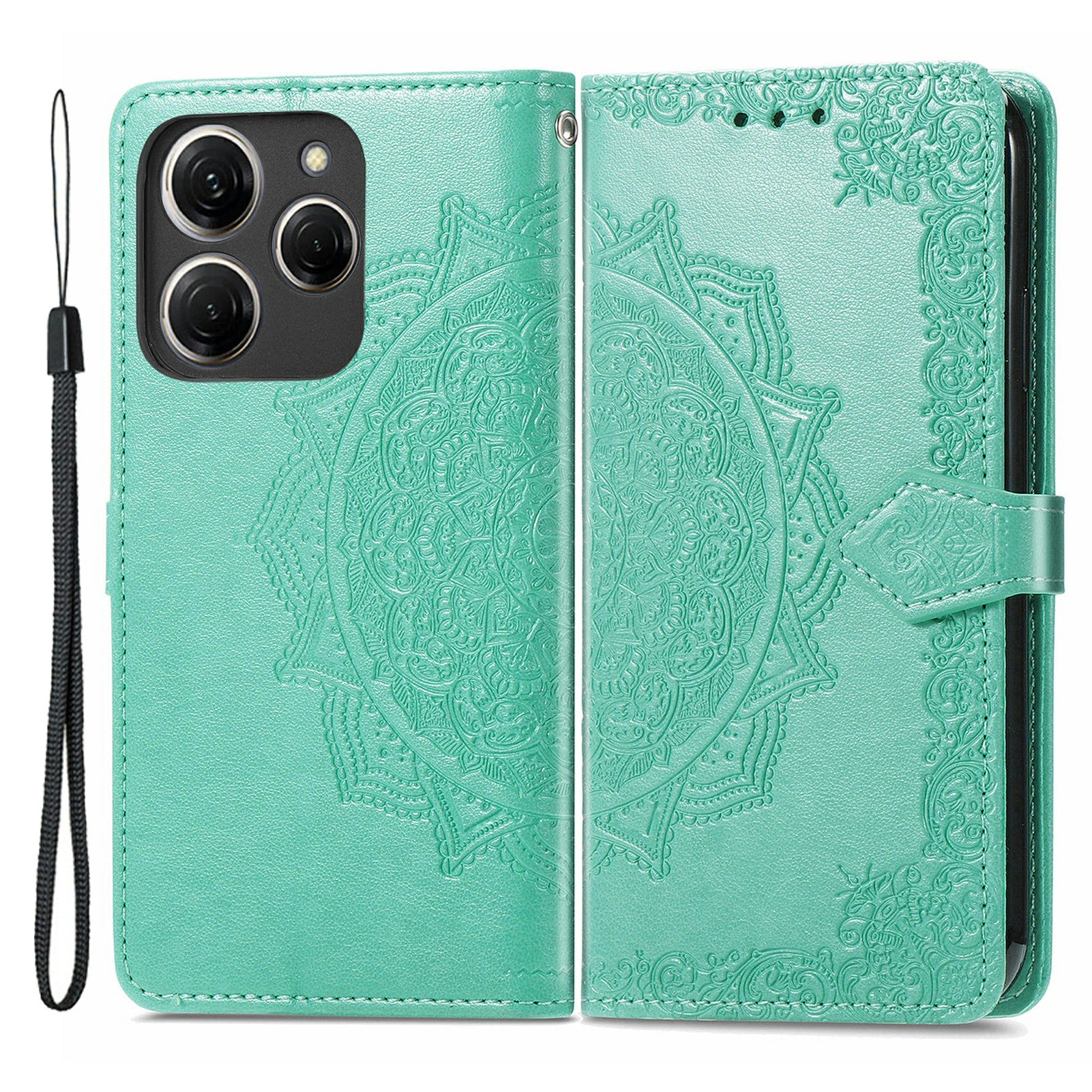For Transsion Tecno Spark 20 Pro Phone Cover Emboss Mandala Flower Leather Wallet Case - Mint Green