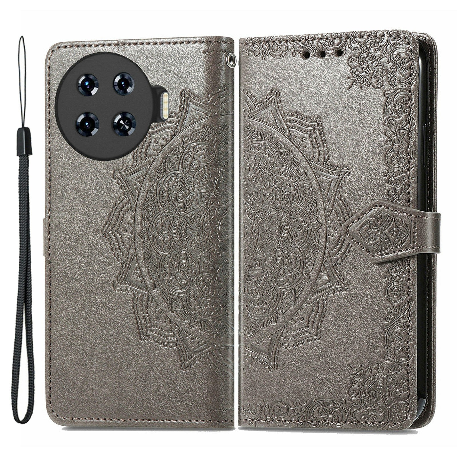 For Transsion Tecno Spark 20 Pro+ Case PU Leather Phone Shell Emboss Mandala Flower Wallet Cover - Grey