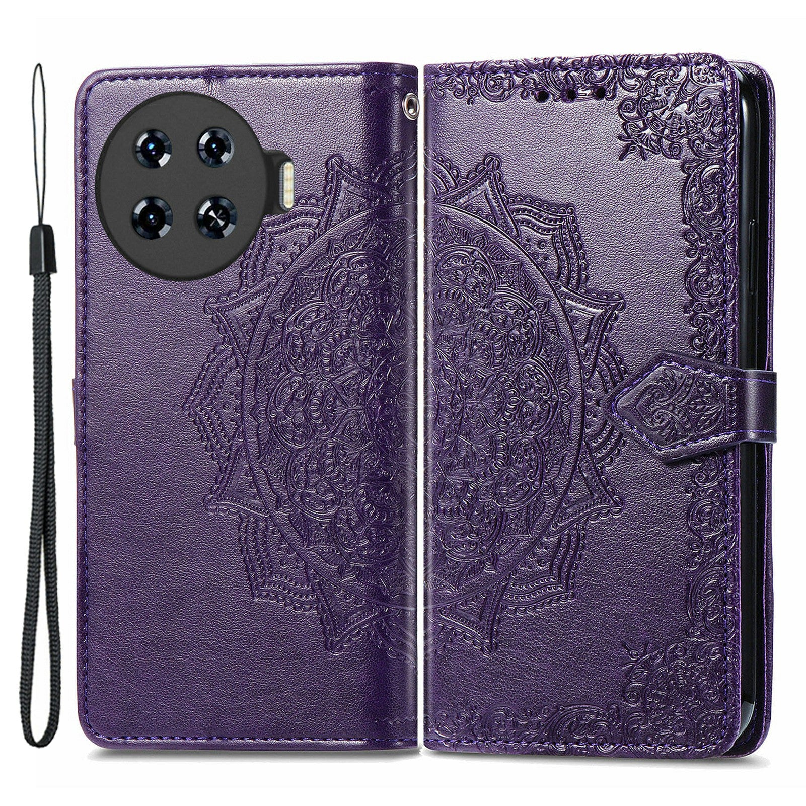 For Transsion Tecno Spark 20 Pro+ Case PU Leather Phone Shell Emboss Mandala Flower Wallet Cover - Purple