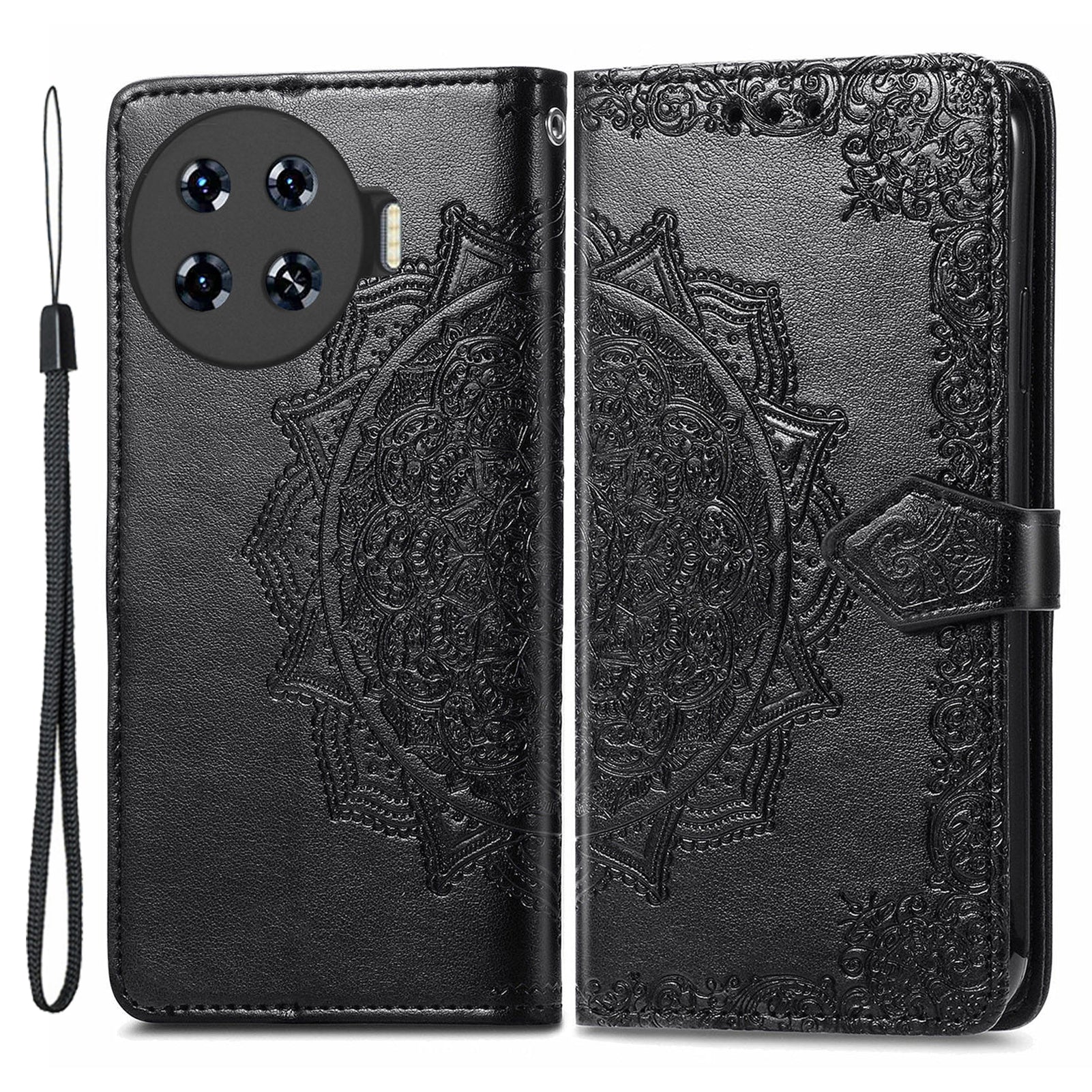 For Transsion Tecno Spark 20 Pro+ Case PU Leather Phone Shell Emboss Mandala Flower Wallet Cover - Black