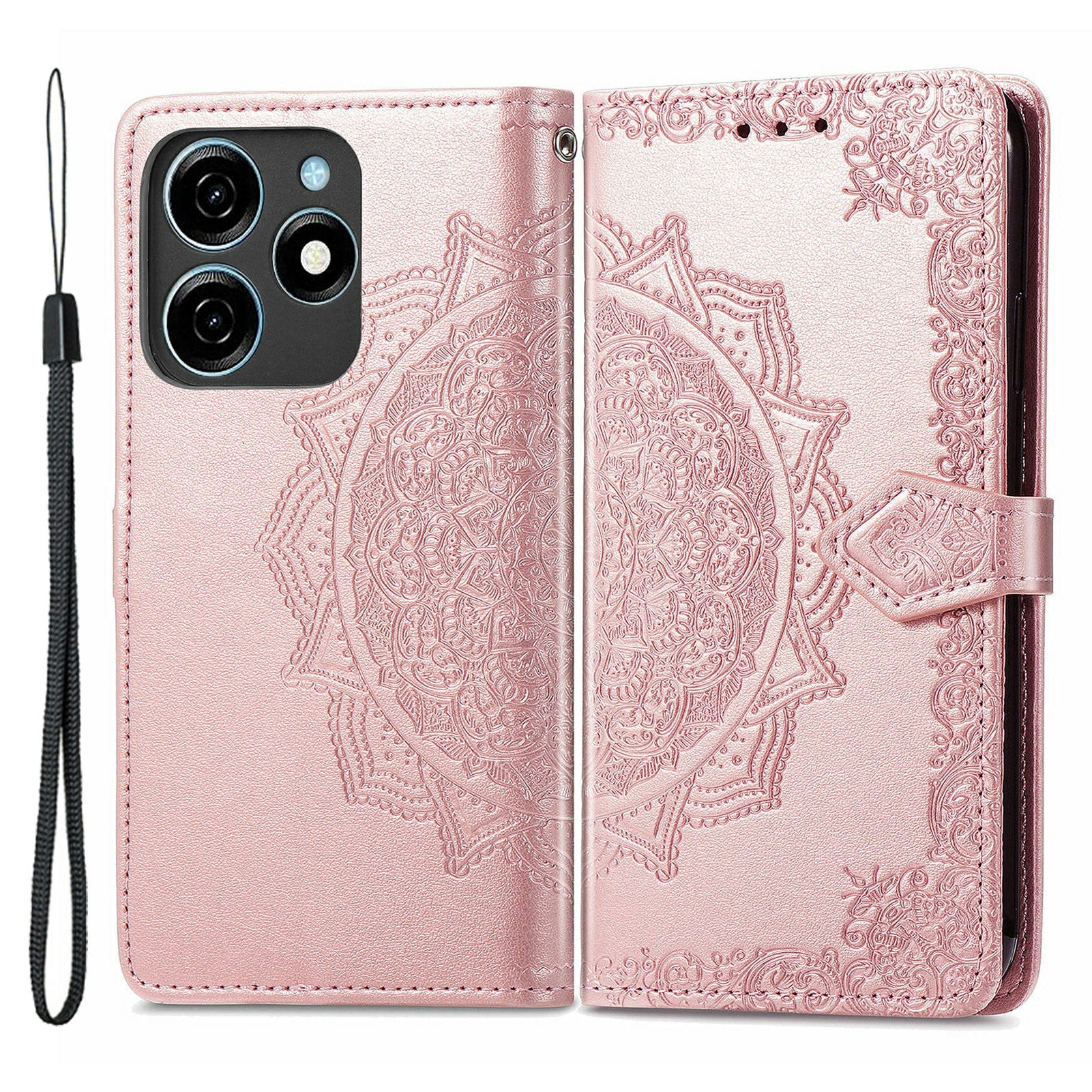 For Transsion Tecno Spark 20C Wallet Case Mandala Flower Leather Phone Cover - Rose Gold