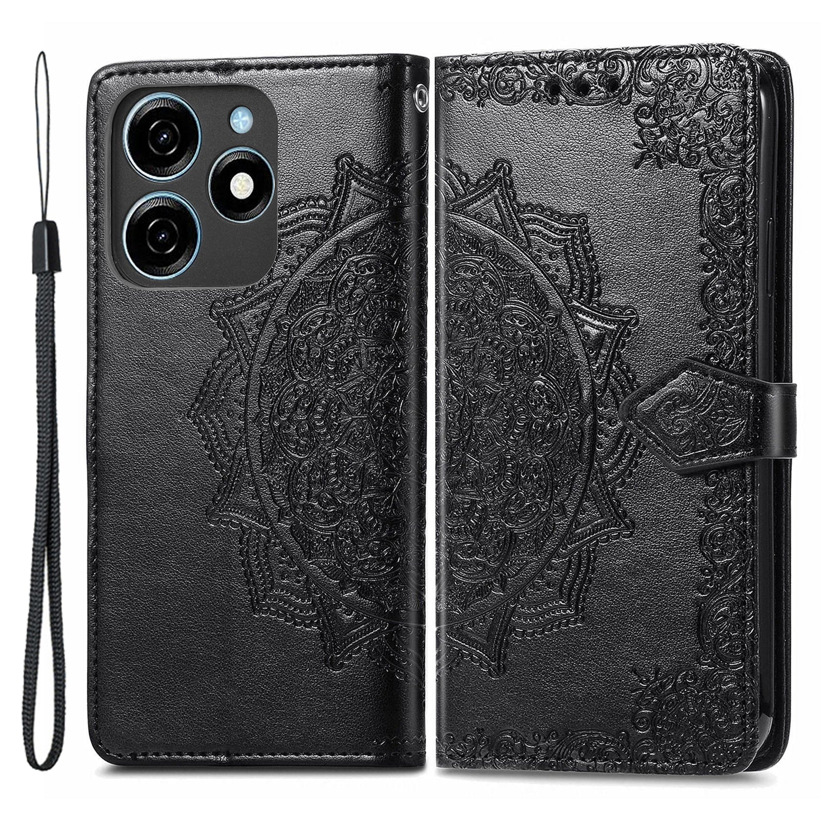 For Transsion Tecno Spark 20C Wallet Case Mandala Flower Leather Phone Cover - Black