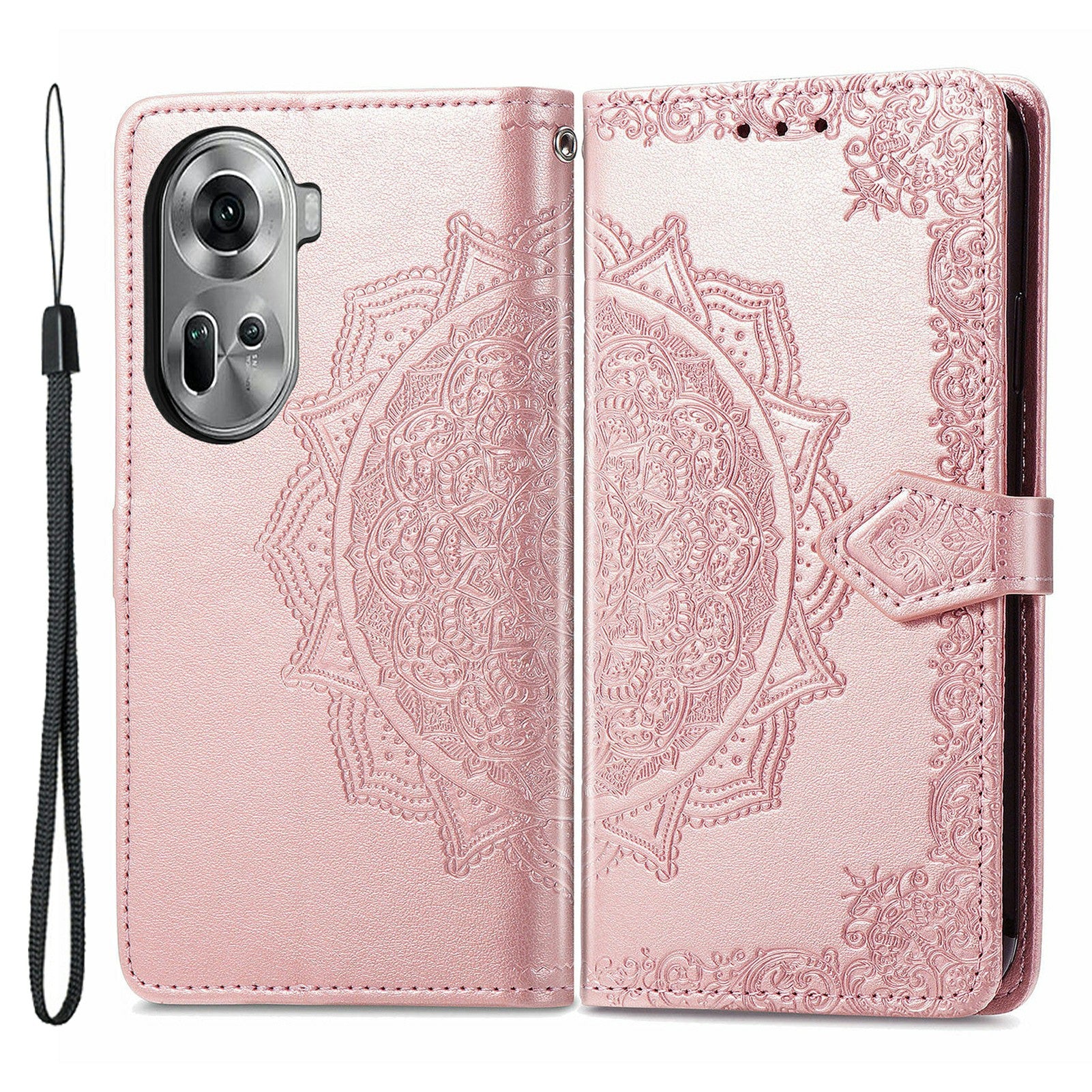 For Oppo Reno11 5G (Global) Leather Phone Case with Card Slots Wallet Emboss Mandala Flower - Rose Gold