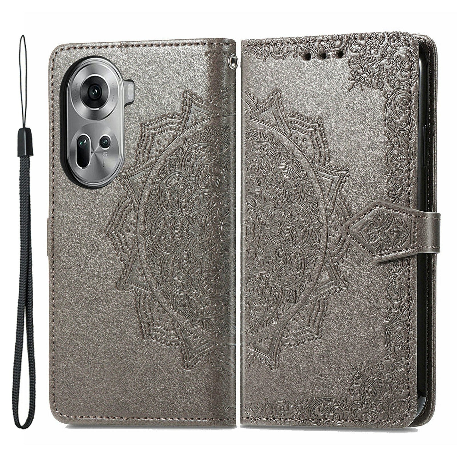 For Oppo Reno11 5G (Global) Leather Phone Case with Card Slots Wallet Emboss Mandala Flower - Grey