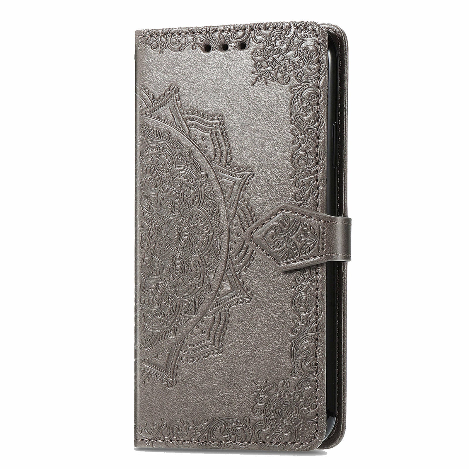For Oppo Reno11 5G (Global) Leather Phone Case with Card Slots Wallet Emboss Mandala Flower - Grey