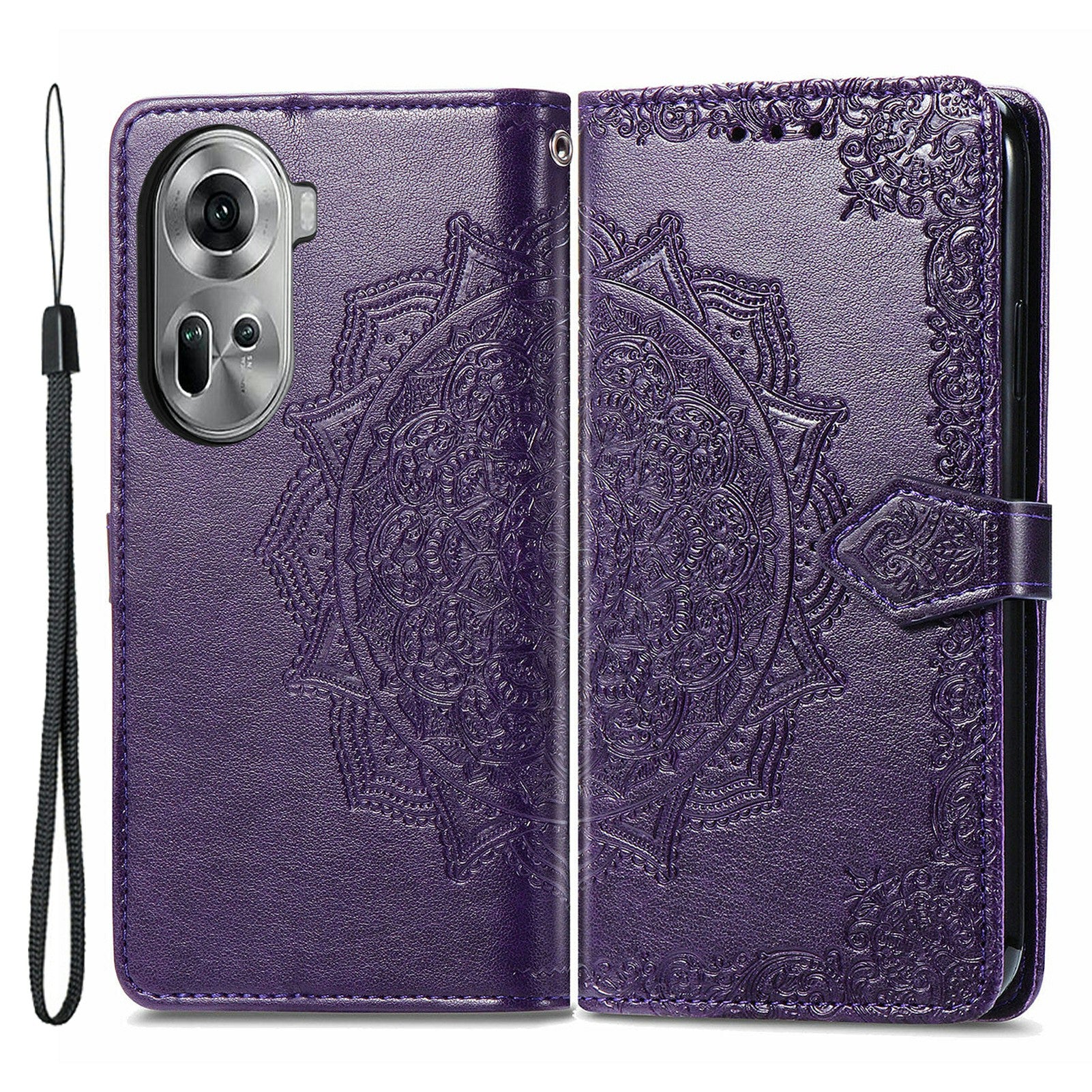 For Oppo Reno11 5G (Global) Leather Phone Case with Card Slots Wallet Emboss Mandala Flower - Purple