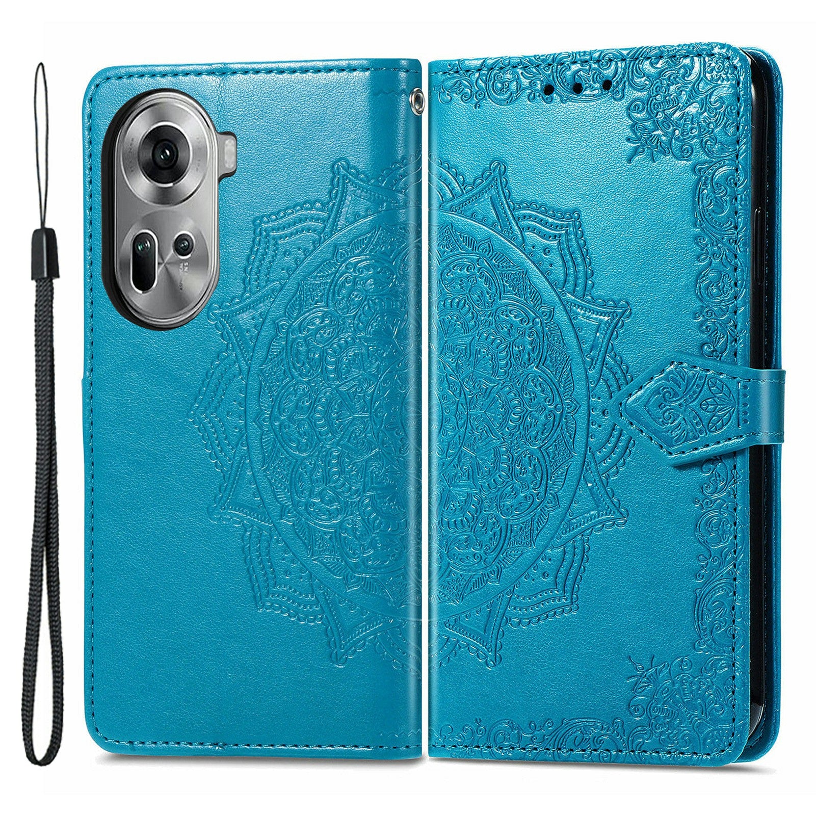 For Oppo Reno11 5G (Global) Leather Phone Case with Card Slots Wallet Emboss Mandala Flower - Blue