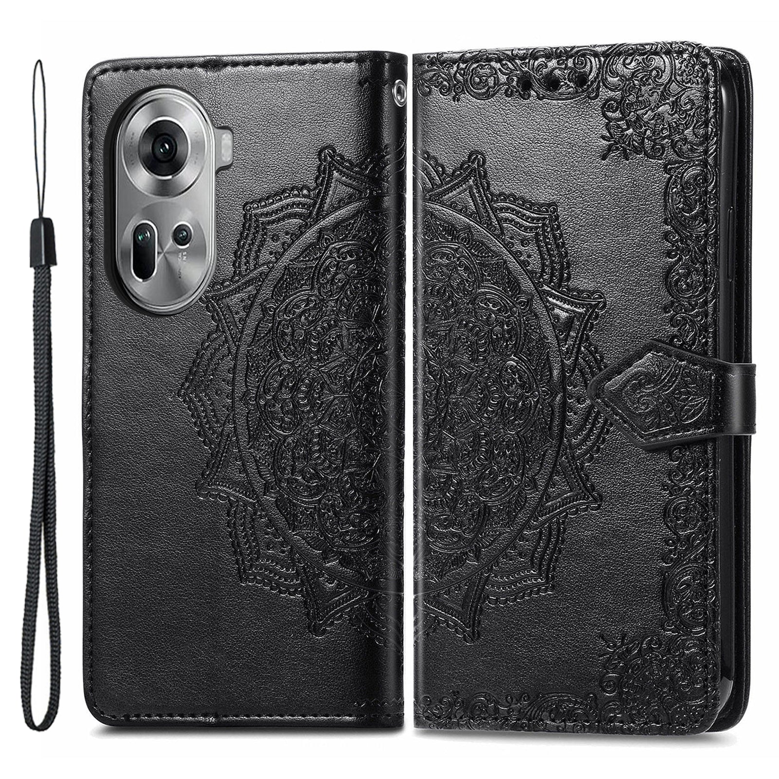 For Oppo Reno11 5G (Global) Leather Phone Case with Card Slots Wallet Emboss Mandala Flower - Black