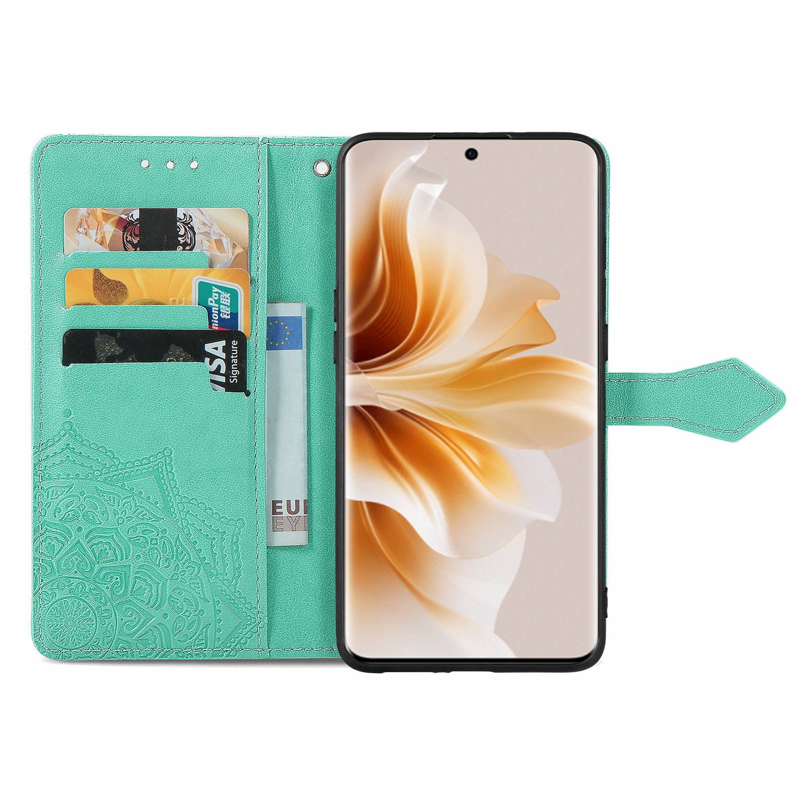 For Oppo Reno11 5G (Global) Leather Phone Case with Card Slots Wallet Emboss Mandala Flower - Green