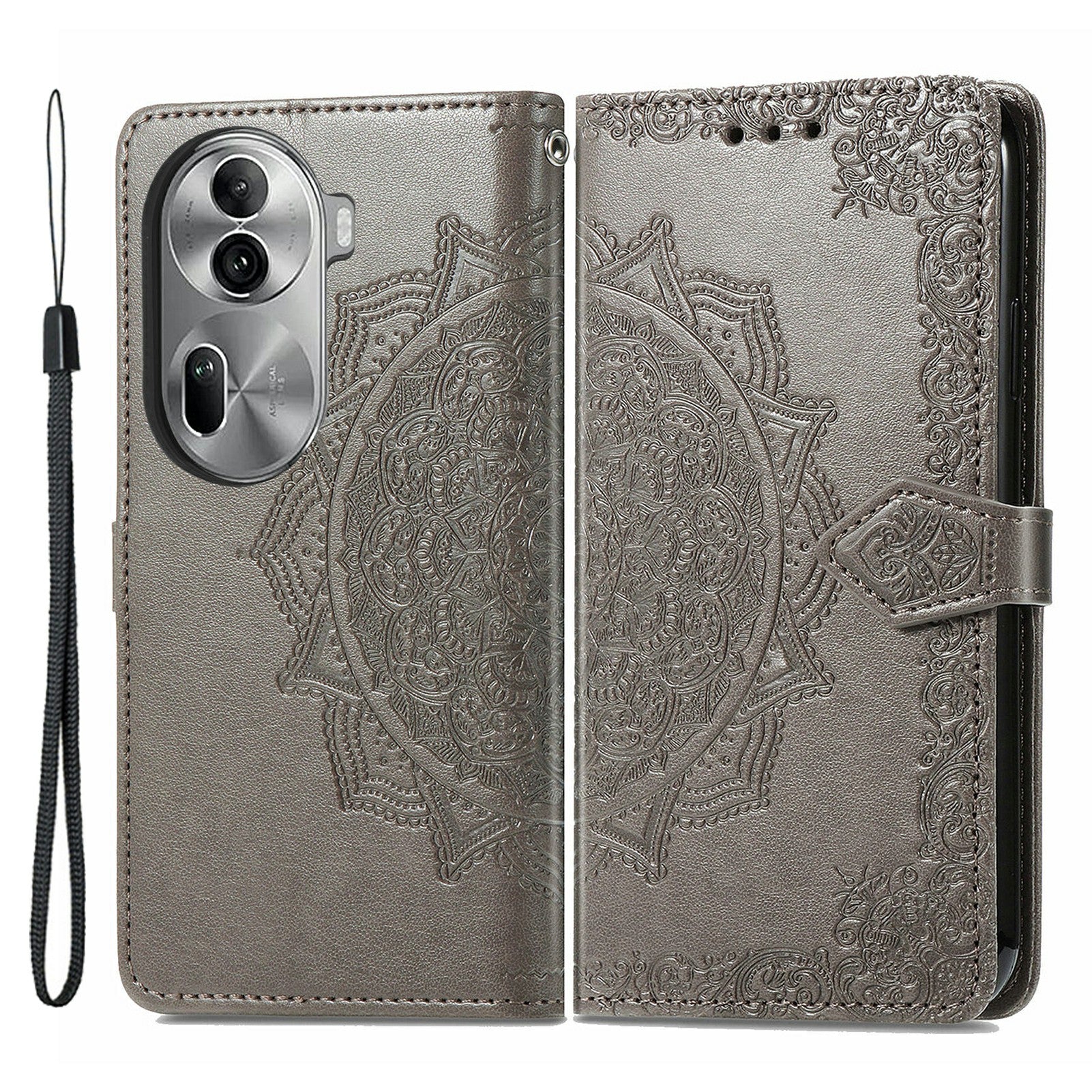 For Oppo Reno11 Pro 5G (Global) Case Emboss Mandala Flower Leather Phone Cover - Grey