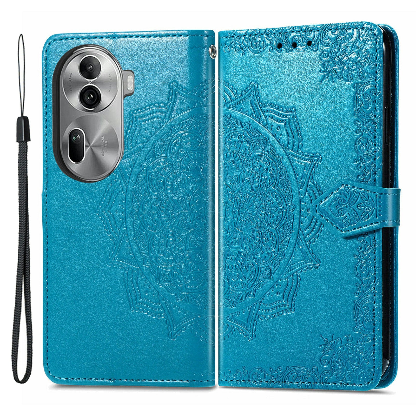 For Oppo Reno11 Pro 5G (Global) Case Emboss Mandala Flower Leather Phone Cover - Blue