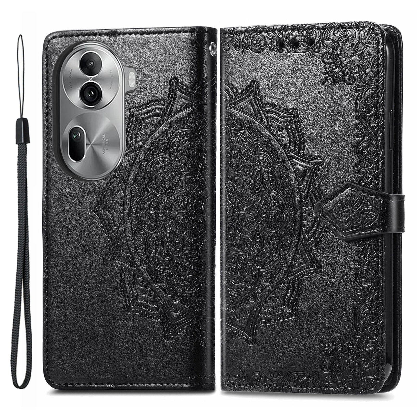For Oppo Reno11 Pro 5G (Global) Case Emboss Mandala Flower Leather Phone Cover - Black
