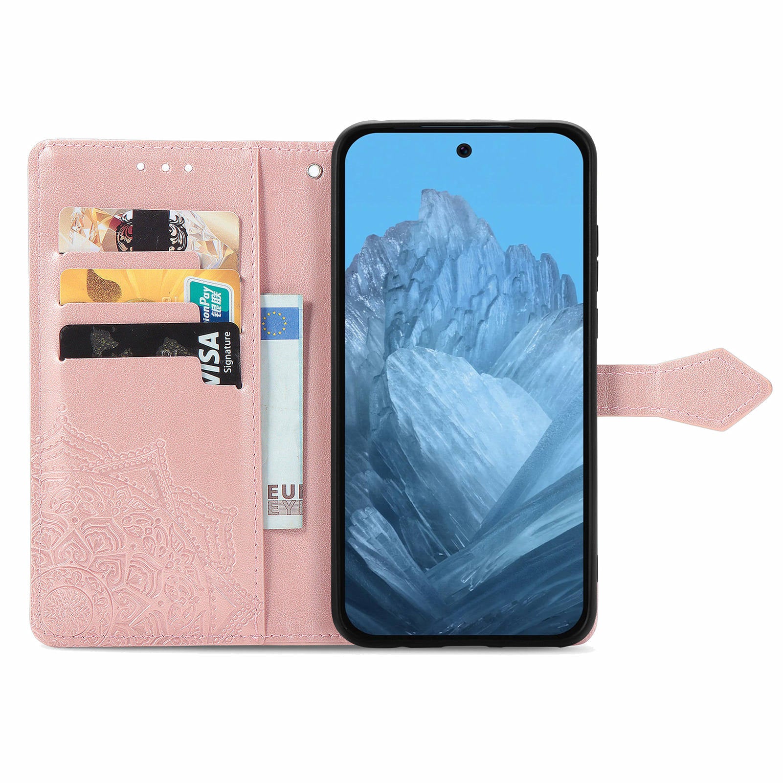 For Google Pixel 9 Phone Cover Emboss Mandala Flower Wallet Case with Magnetic Clasp - Rose Gold