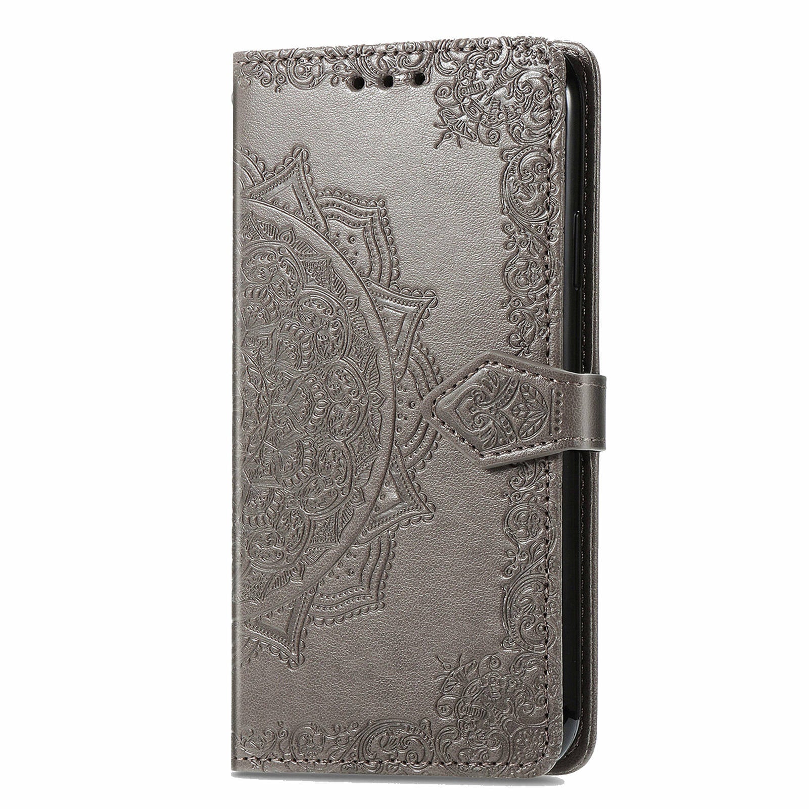For Google Pixel 9 Phone Cover Emboss Mandala Flower Wallet Case with Magnetic Clasp - Grey