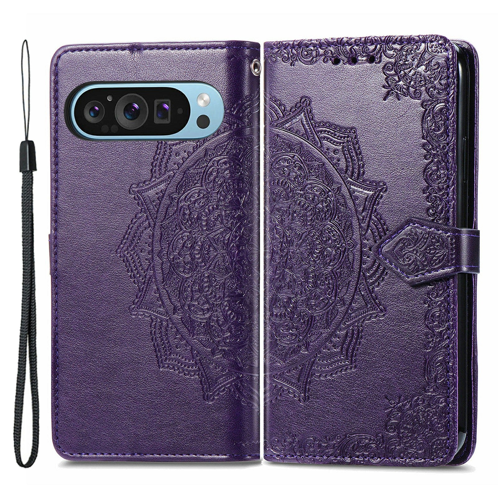 For Google Pixel 9 Phone Cover Emboss Mandala Flower Wallet Case with Magnetic Clasp - Purple