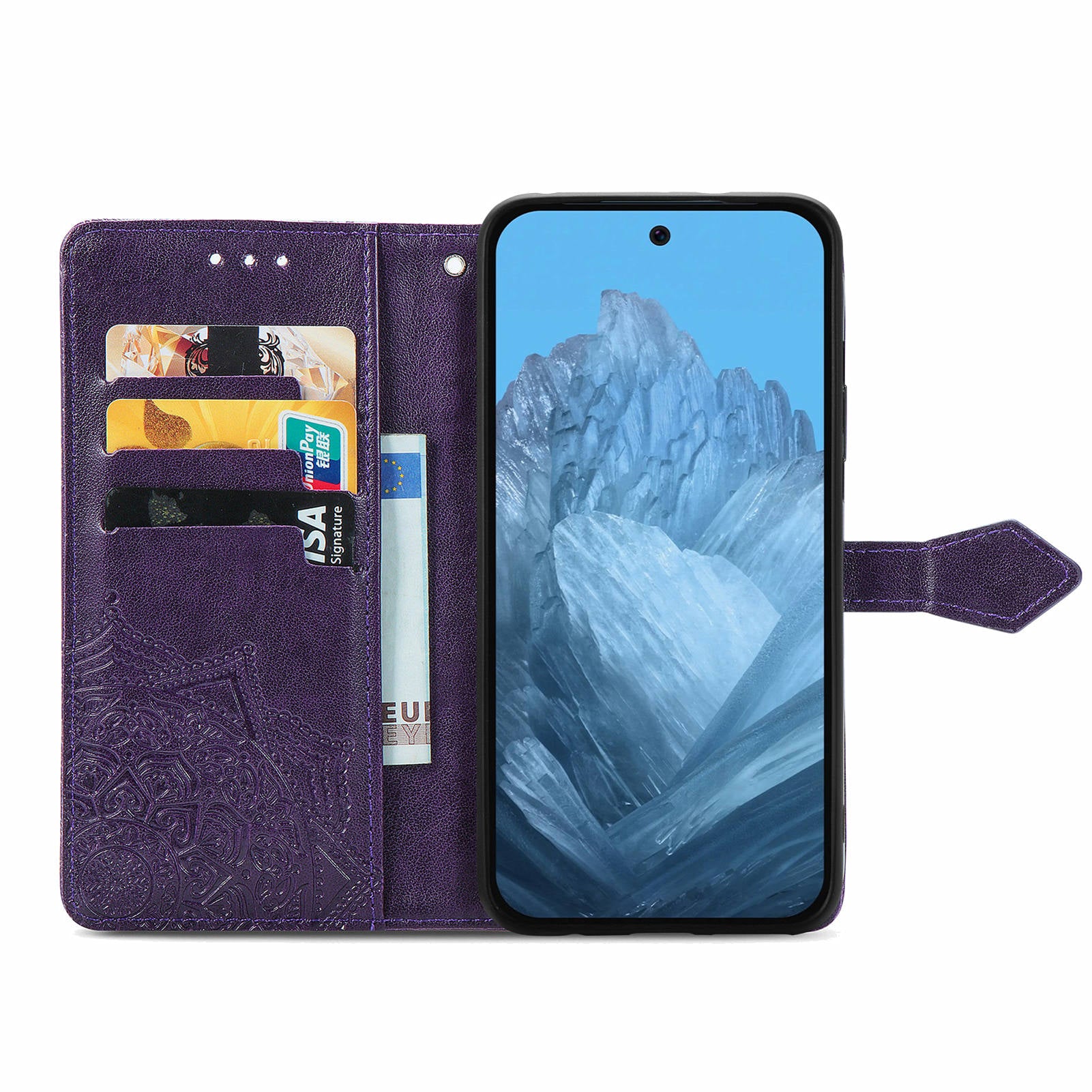 For Google Pixel 9 Phone Cover Emboss Mandala Flower Wallet Case with Magnetic Clasp - Purple