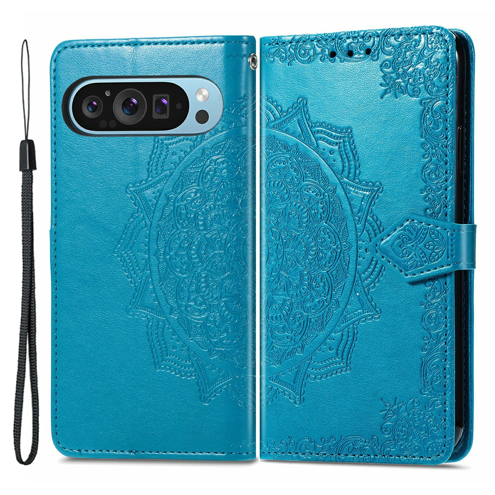 For Google Pixel 9 Phone Cover Emboss Mandala Flower Wallet Case with Magnetic Clasp - Blue