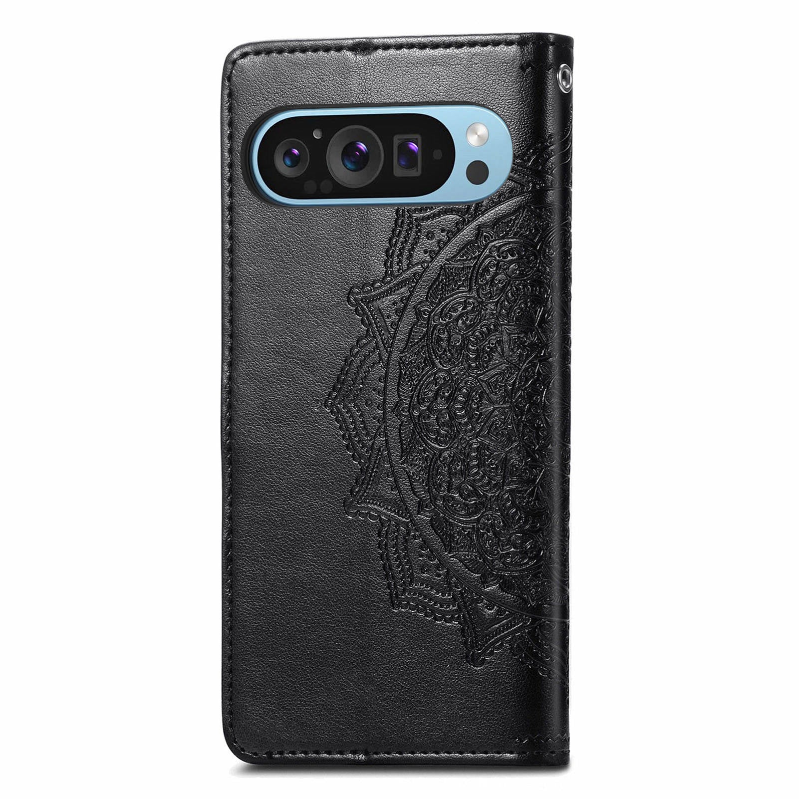 For Google Pixel 9 Phone Cover Emboss Mandala Flower Wallet Case with Magnetic Clasp - Black