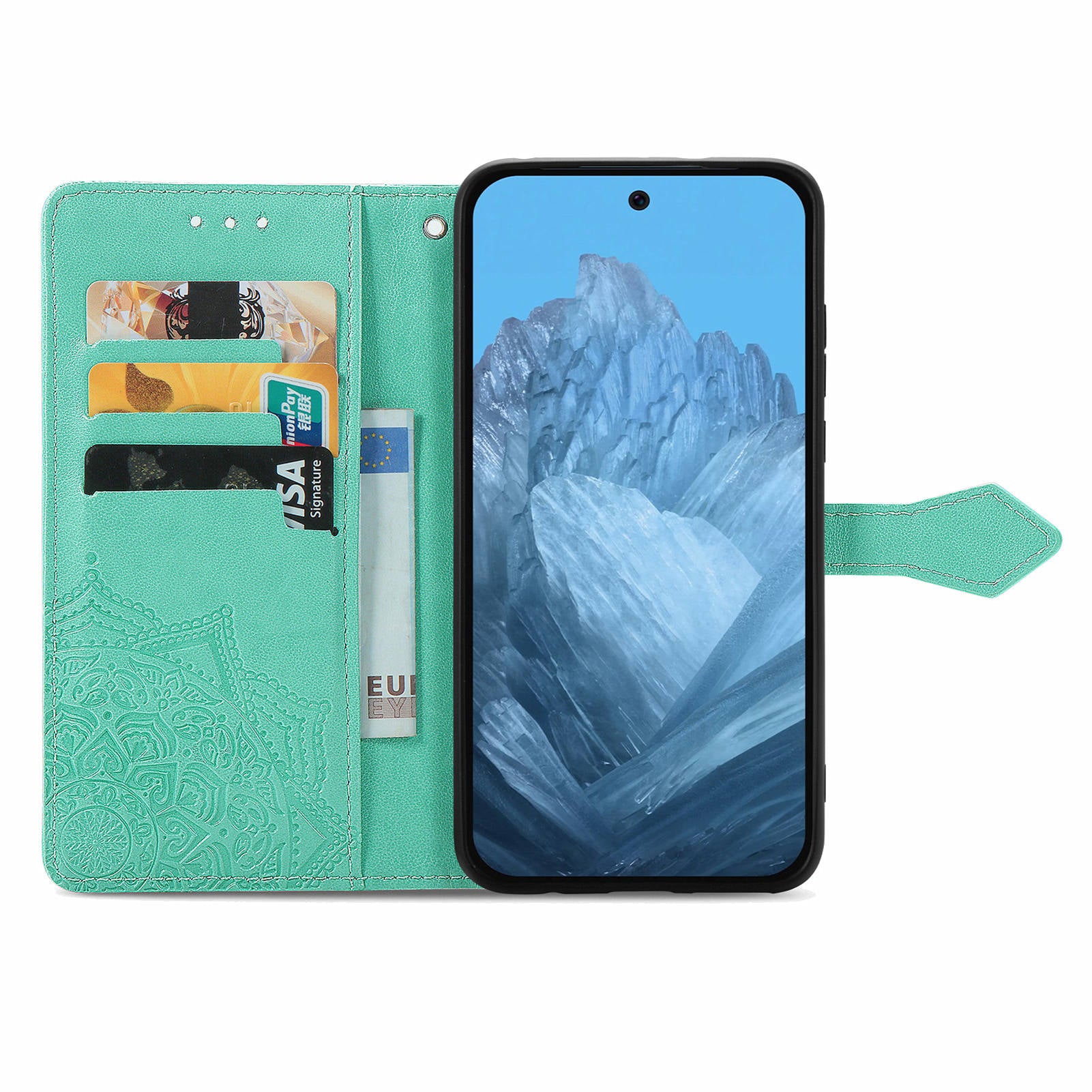 For Google Pixel 9 Phone Cover Emboss Mandala Flower Wallet Case with Magnetic Clasp - Mint Green