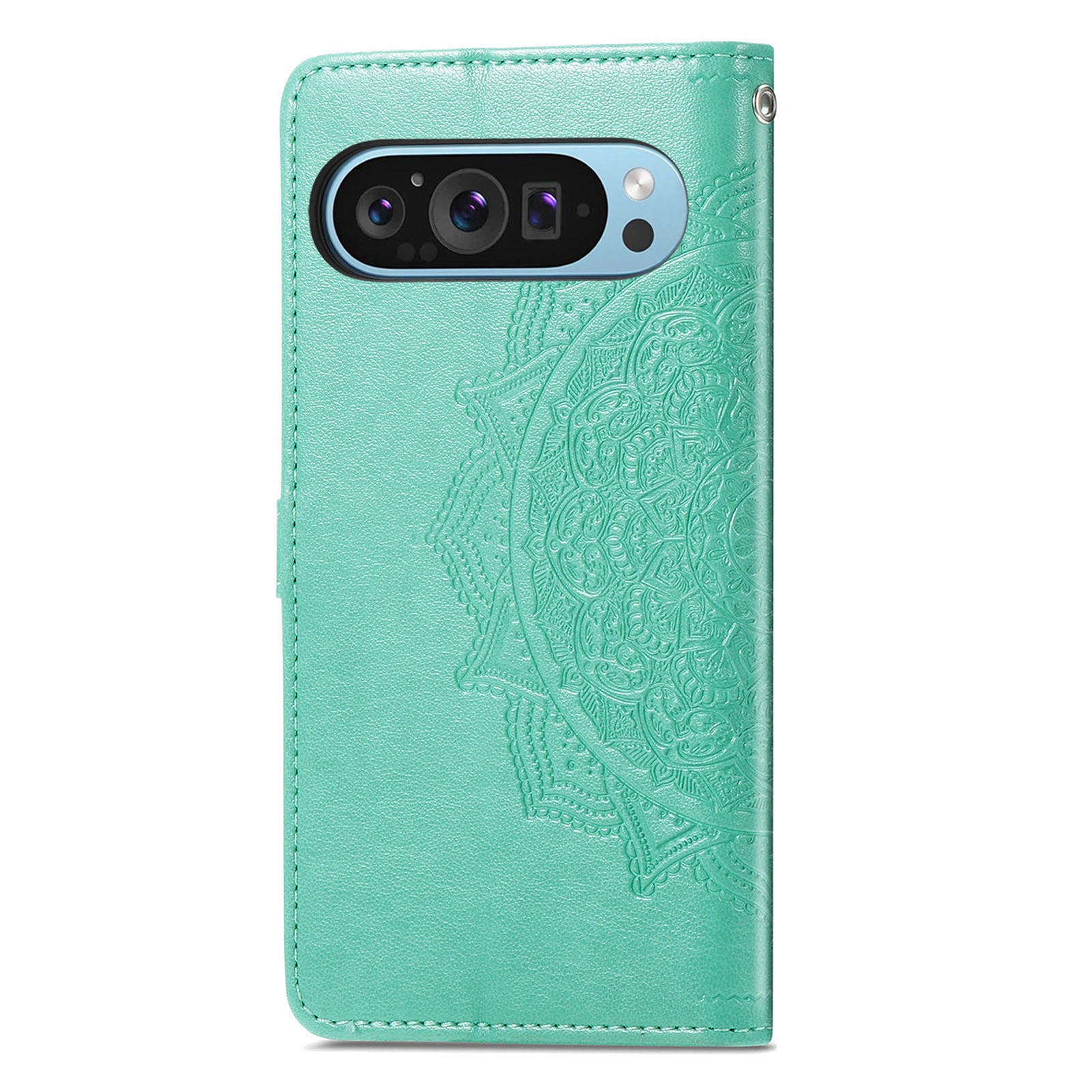For Google Pixel 9 Phone Cover Emboss Mandala Flower Wallet Case with Magnetic Clasp - Mint Green