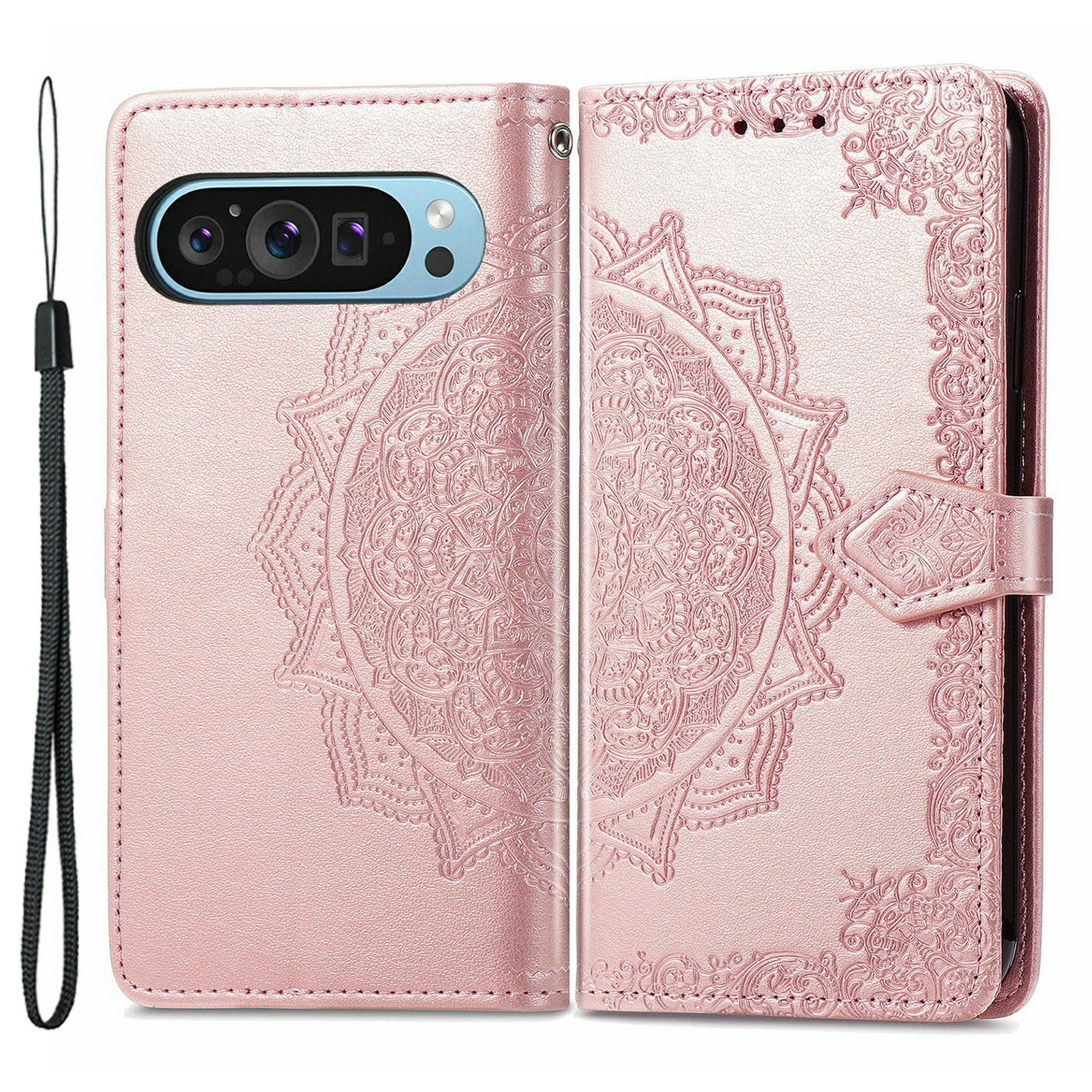 For Google Pixel 9 Pro Leather Wallet Case Stand Flip Phone Cover Emboss Mandala Flower - Rose Gold
