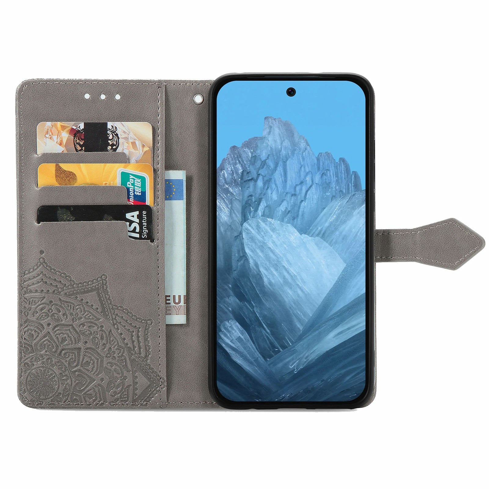 For Google Pixel 9 Pro Leather Wallet Case Stand Flip Phone Cover Emboss Mandala Flower - Grey