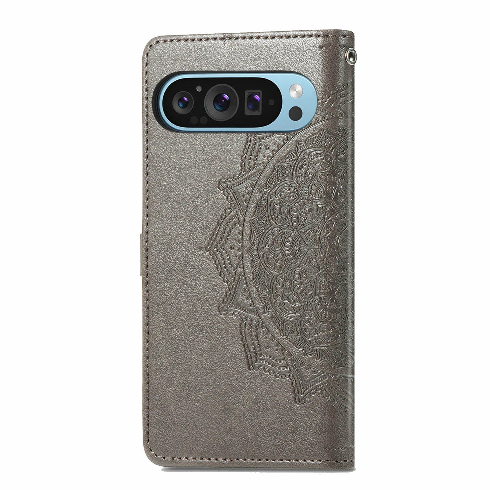 For Google Pixel 9 Pro Leather Wallet Case Stand Flip Phone Cover Emboss Mandala Flower - Grey