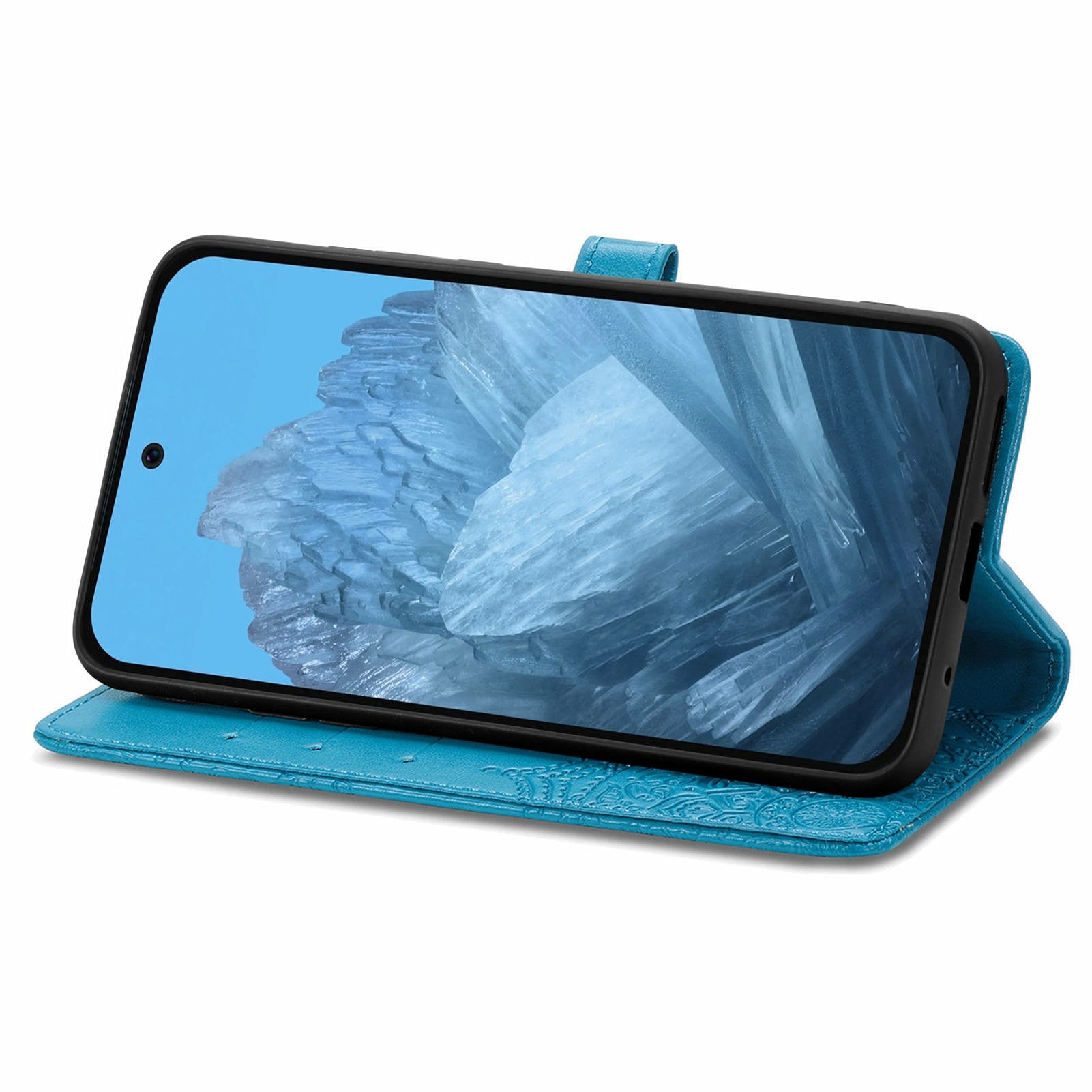 For Google Pixel 9 Pro Leather Wallet Case Stand Flip Phone Cover Emboss Mandala Flower - Blue