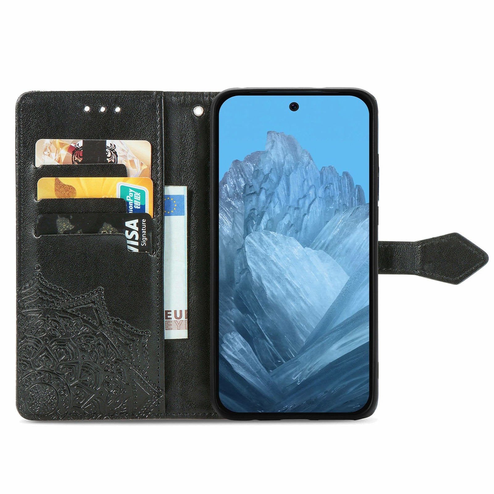 For Google Pixel 9 Pro Leather Wallet Case Stand Flip Phone Cover Emboss Mandala Flower - Black