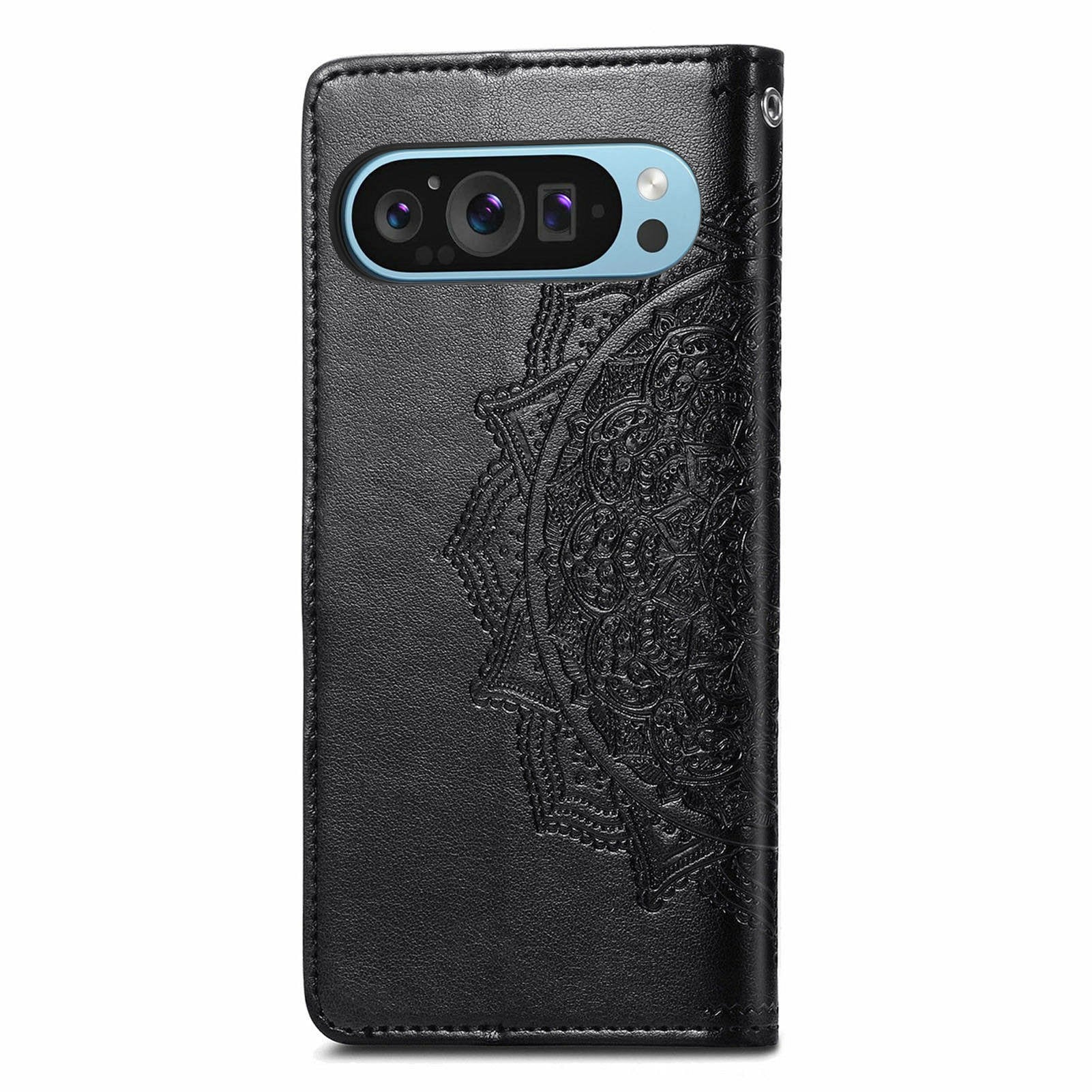 For Google Pixel 9 Pro Leather Wallet Case Stand Flip Phone Cover Emboss Mandala Flower - Black