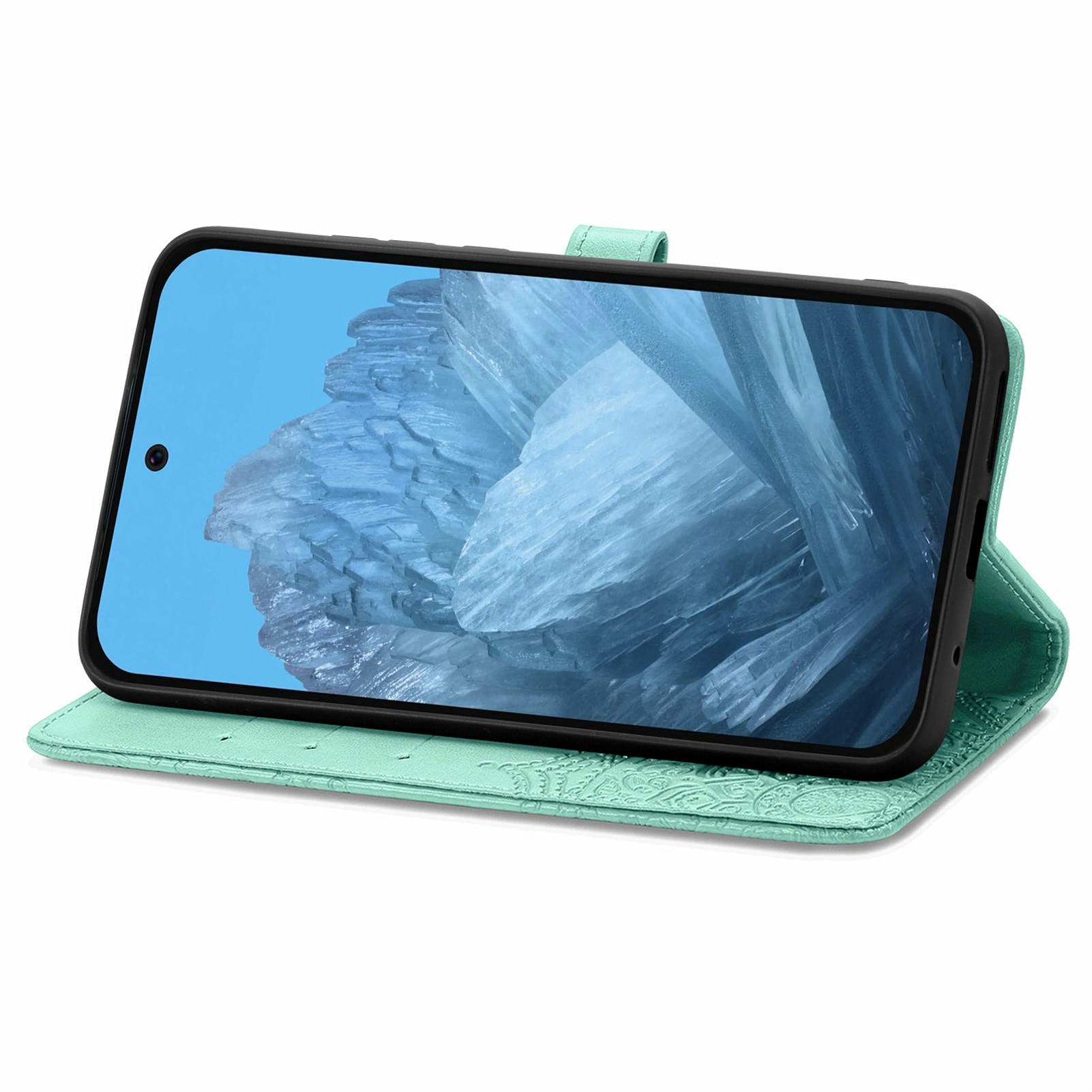 For Google Pixel 9 Pro Leather Wallet Case Stand Flip Phone Cover Emboss Mandala Flower - Green