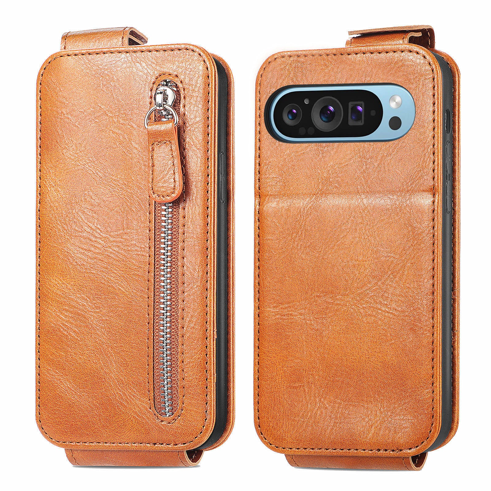 For Google Pixel 9 Cover Zipper Pocket PU Leather Phone Case Supplier - Brown