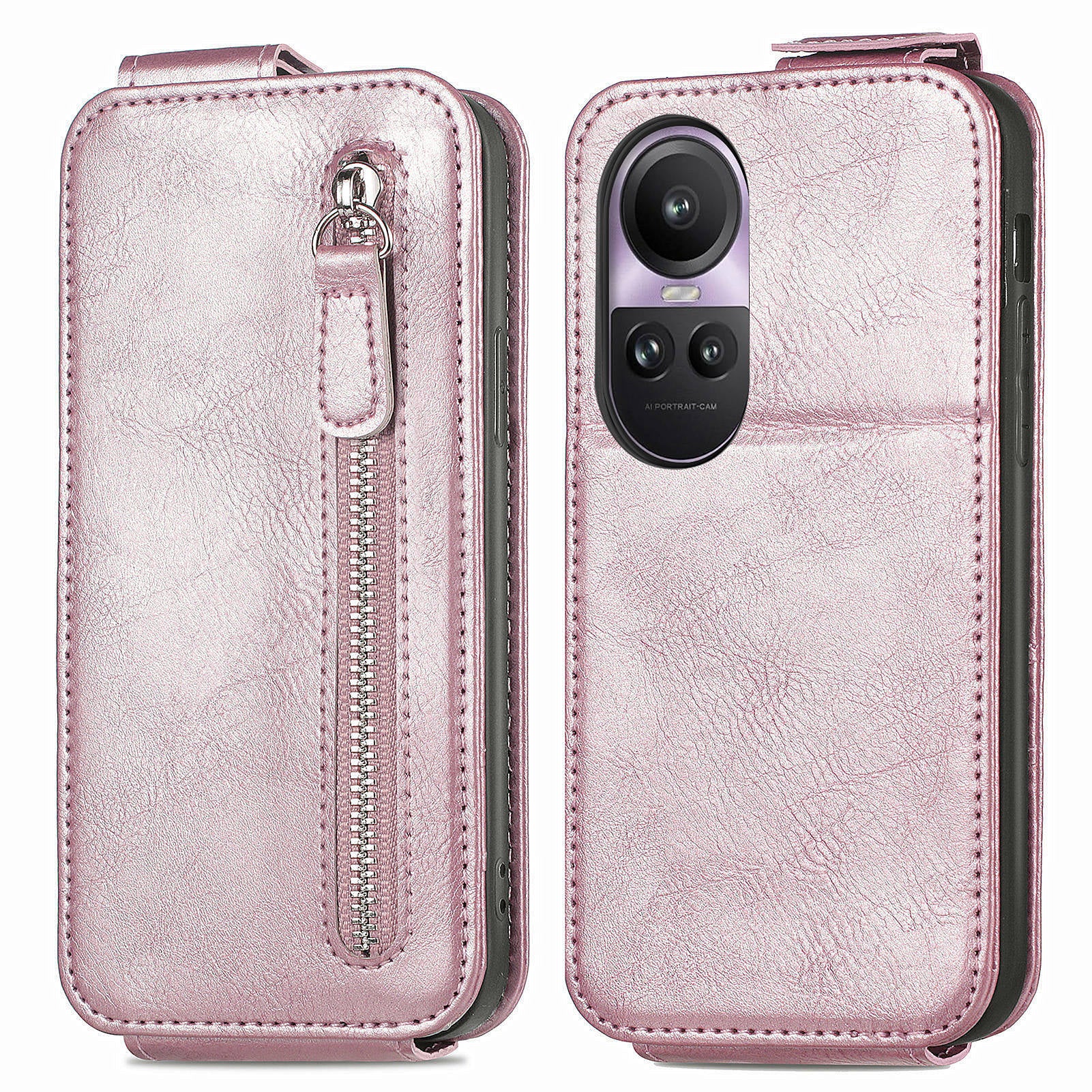For Oppo Reno11 Pro 5G (Global) Case Zipper Wallet Leather Cover Vertical Flip Closure - Rose Gold