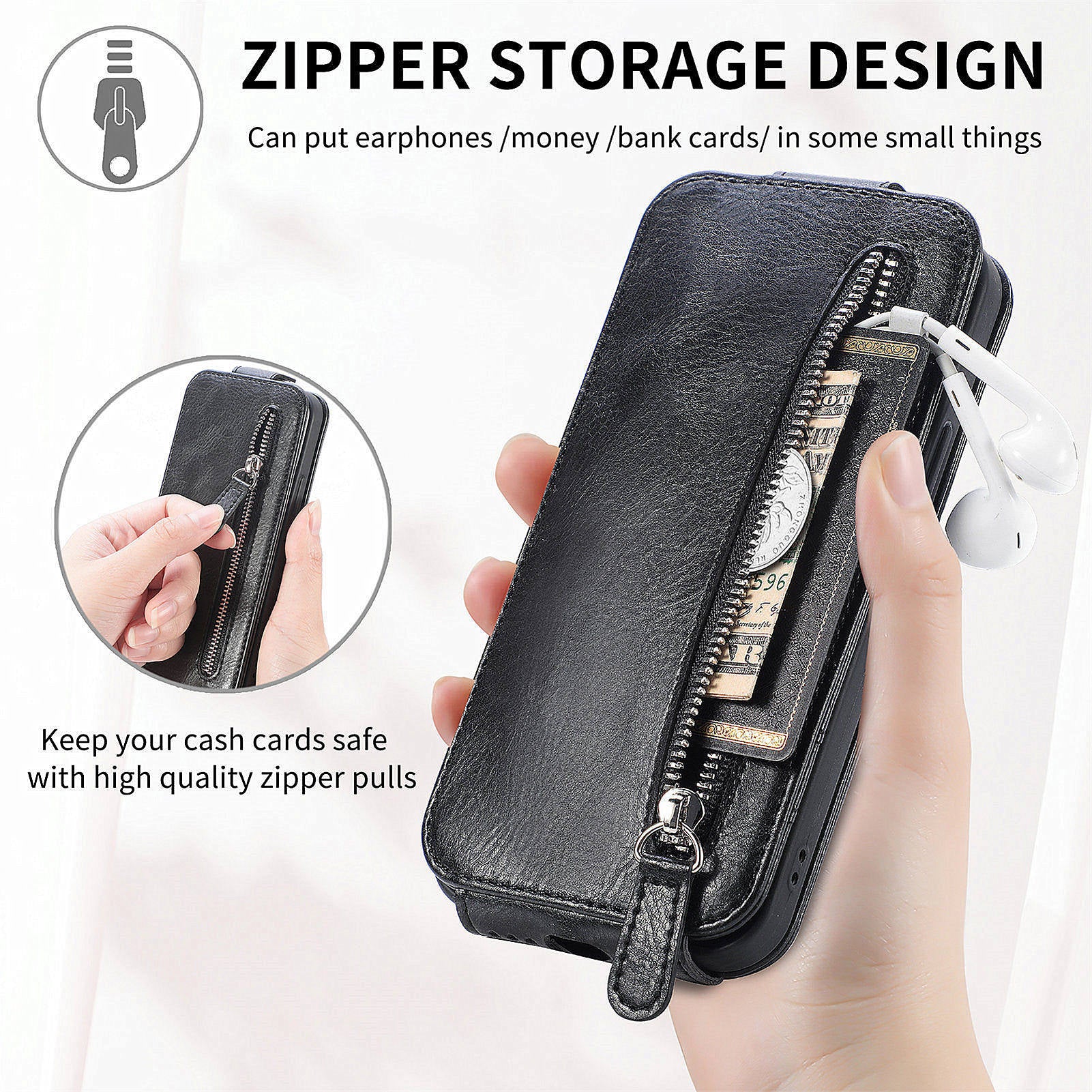 For Oppo Reno11 Pro 5G (Global) Case Zipper Wallet Leather Cover Vertical Flip Closure - Black