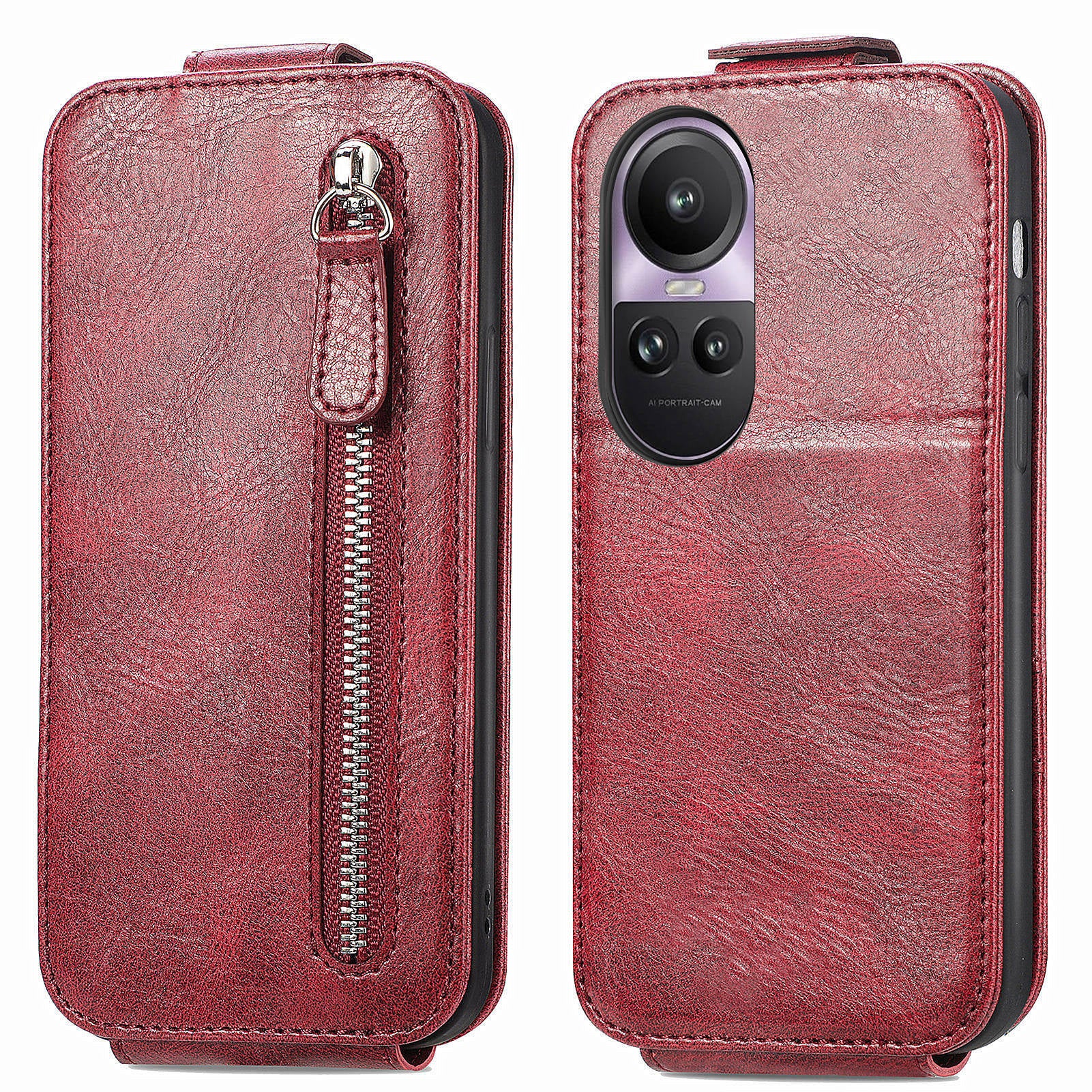 For Oppo Reno11 Pro 5G (Global) Case Zipper Wallet Leather Cover Vertical Flip Closure - Wine Red